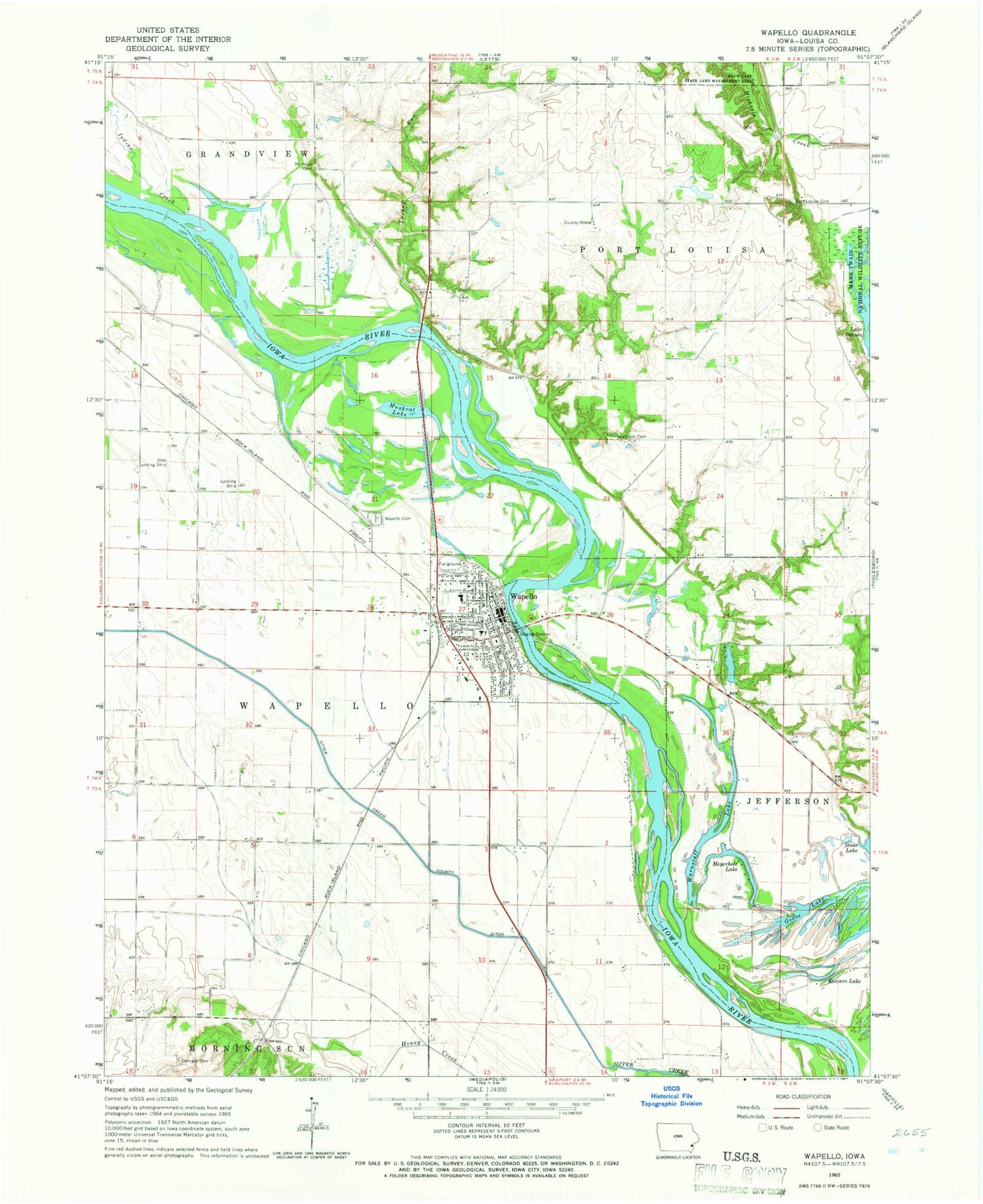 Classic USGS Wapello Iowa 7.5'x7.5' Topo Map Image