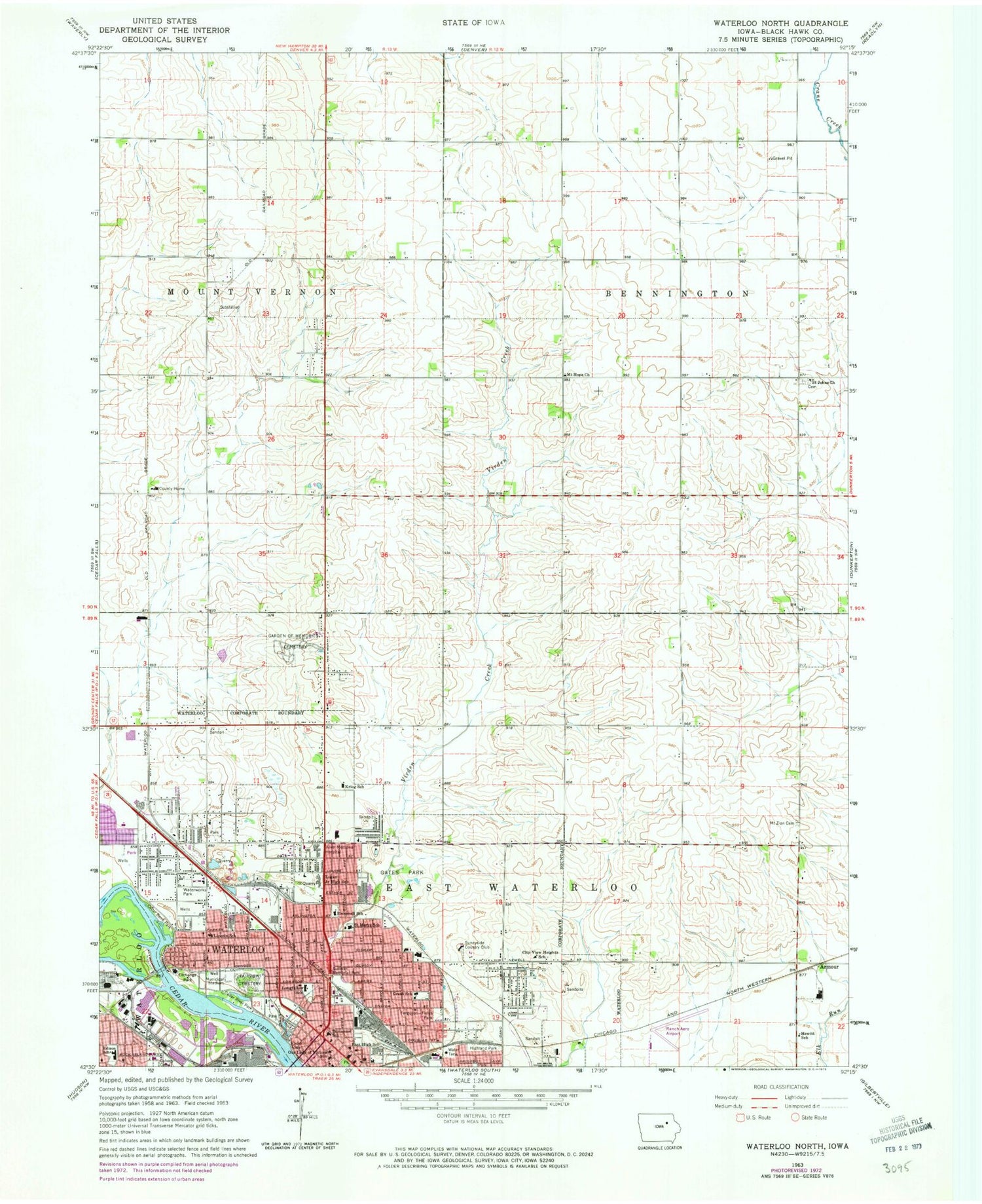 Classic USGS Waterloo North Iowa 7.5'x7.5' Topo Map Image