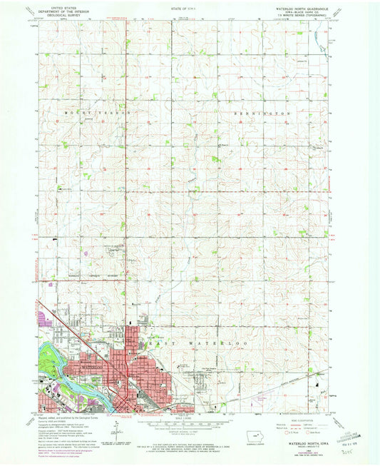 Classic USGS Waterloo North Iowa 7.5'x7.5' Topo Map Image