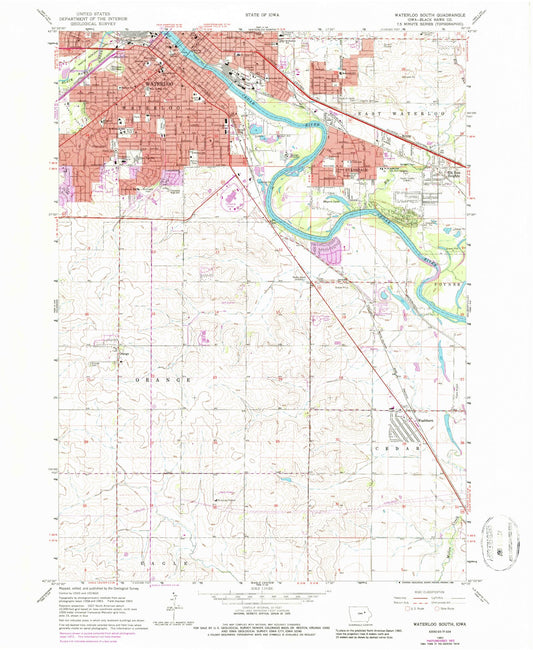 Classic USGS Waterloo South Iowa 7.5'x7.5' Topo Map Image