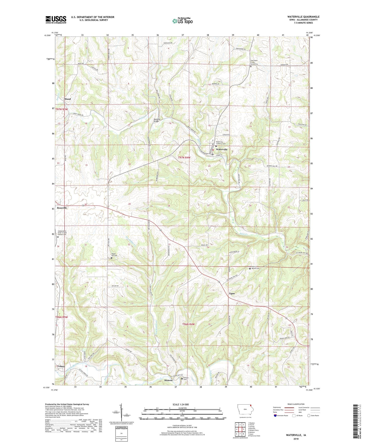 Waterville Iowa US Topo Map Image