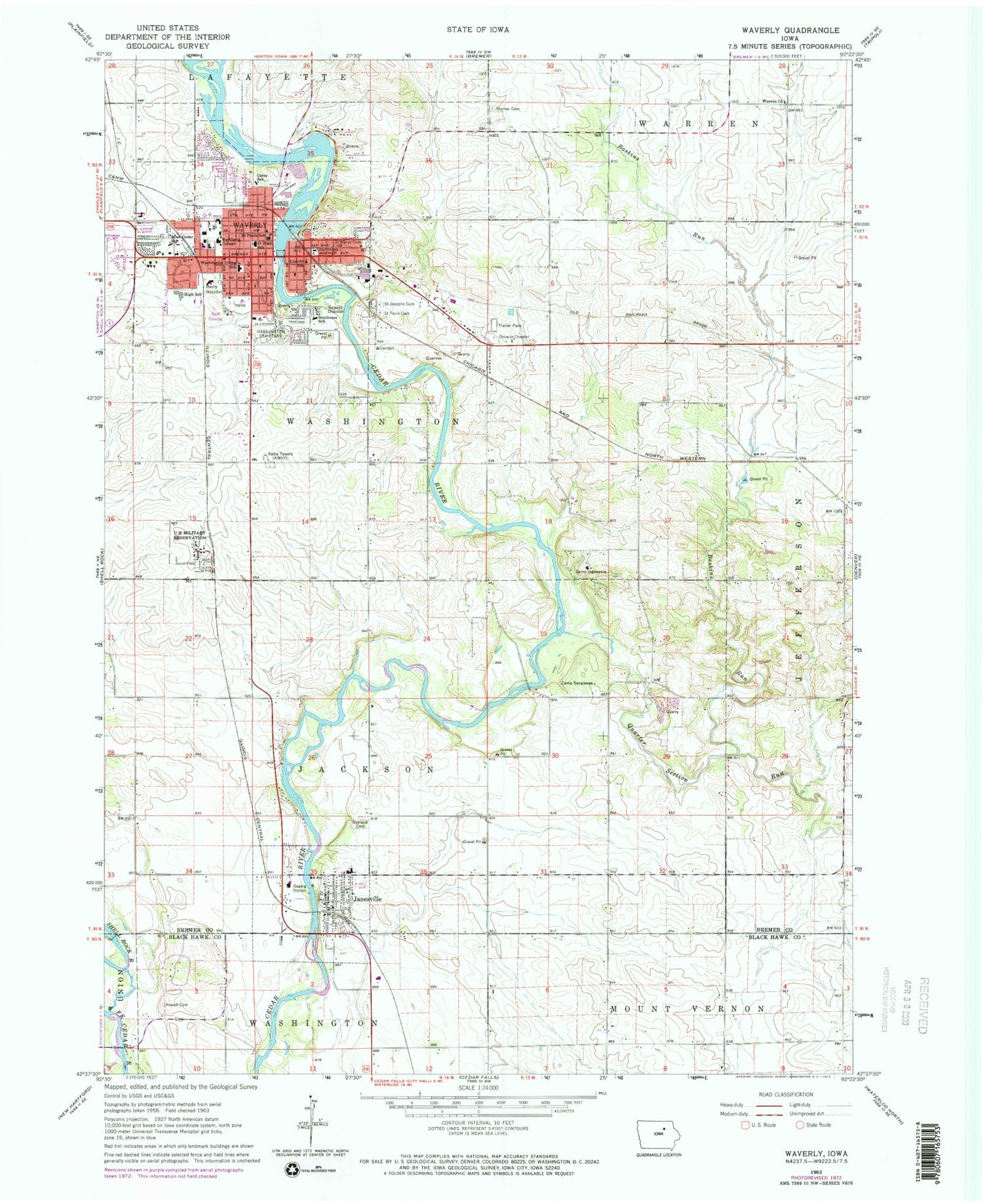 Classic USGS Waverly Iowa 7.5'x7.5' Topo Map Image
