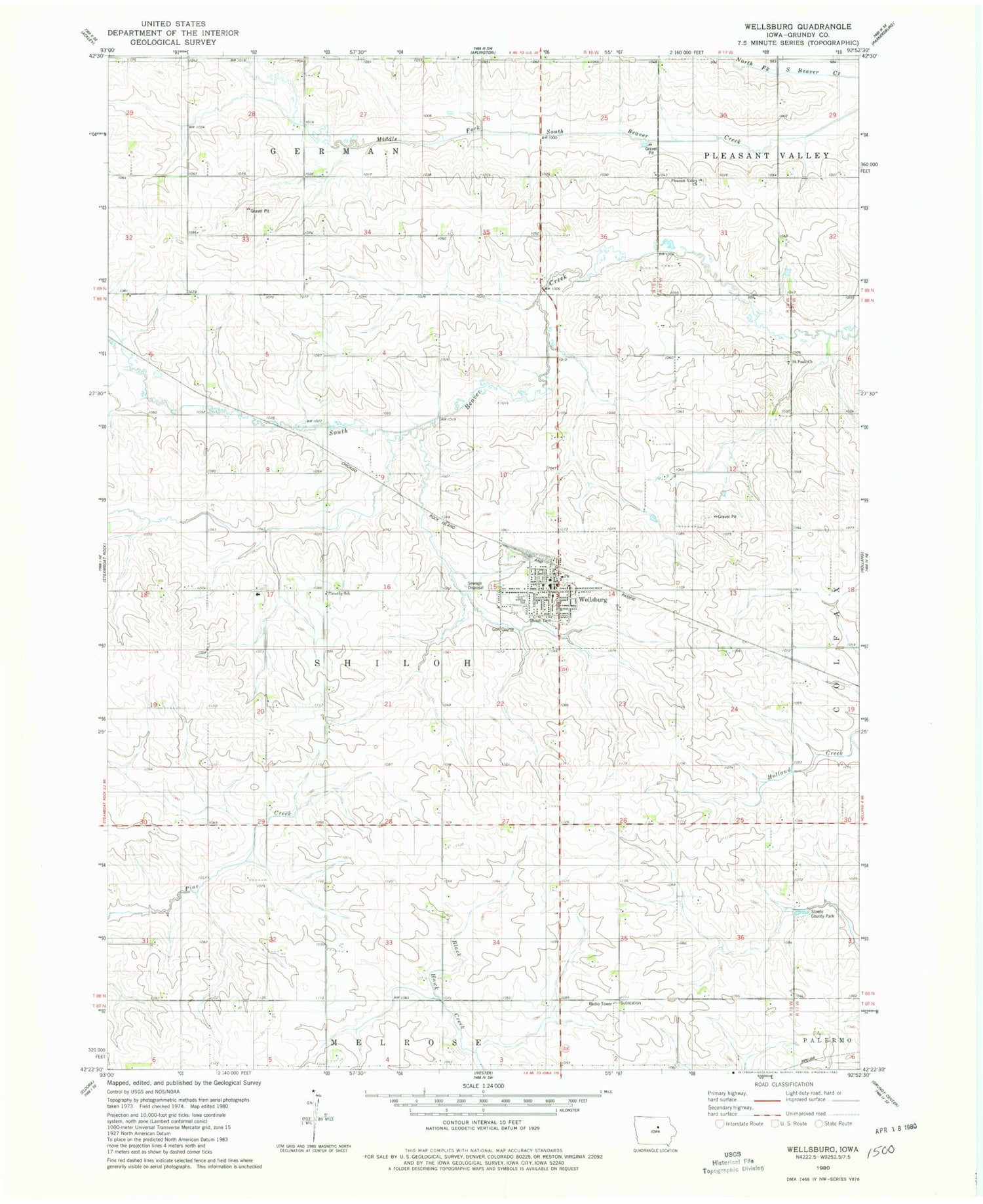 Classic USGS Wellsburg Iowa 7.5'x7.5' Topo Map Image