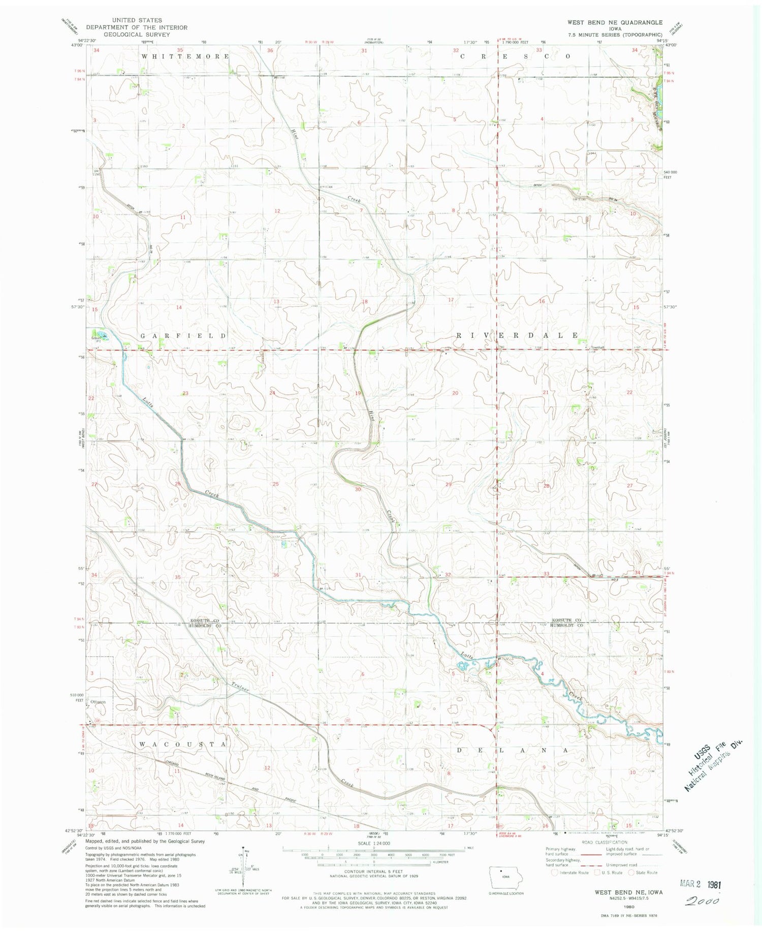 Classic USGS West Bend NE Iowa 7.5'x7.5' Topo Map Image