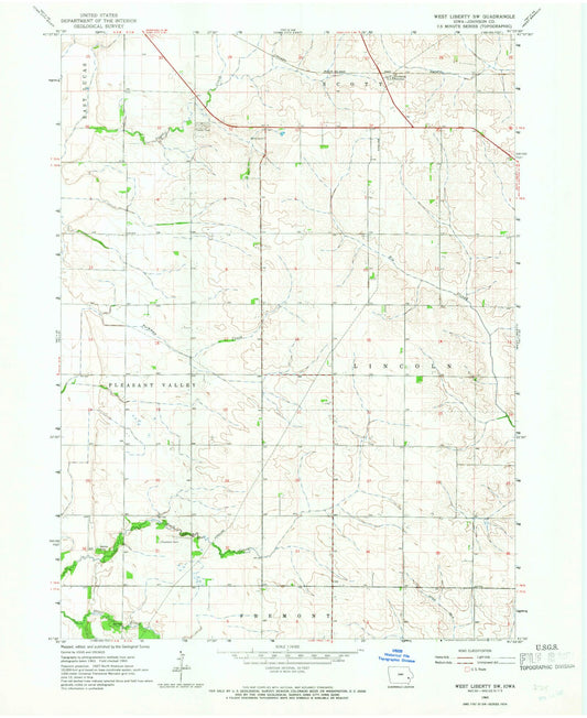 Classic USGS West Liberty SW Iowa 7.5'x7.5' Topo Map Image
