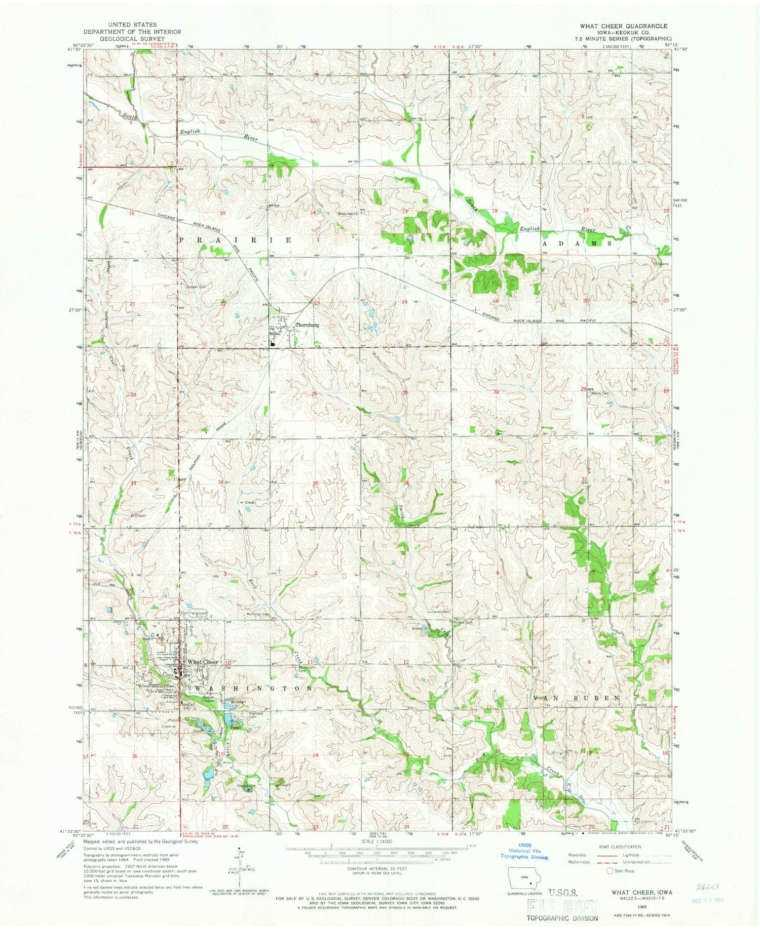 Classic USGS What Cheer Iowa 7.5'x7.5' Topo Map Image