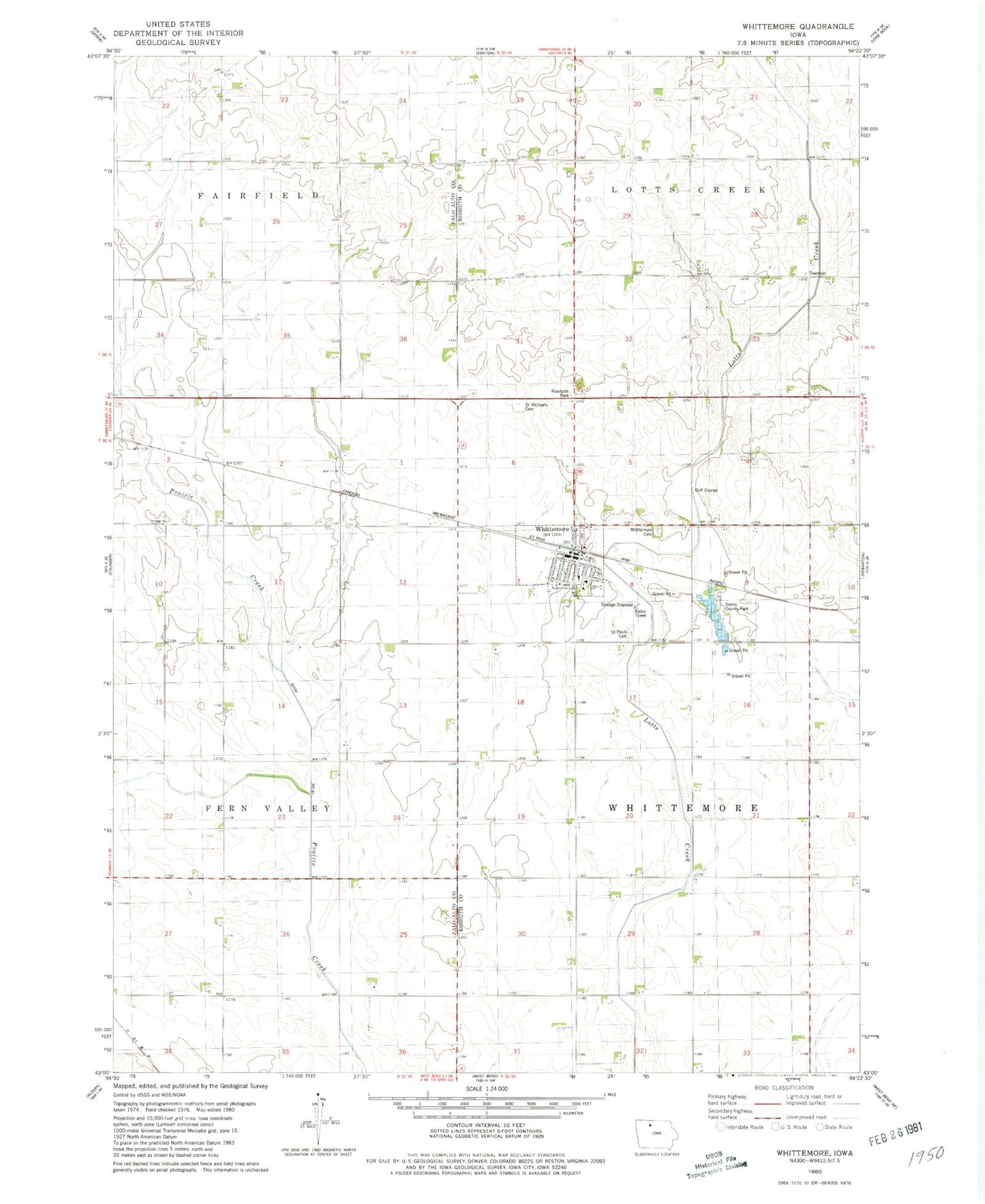 Classic USGS Whittemore Iowa 7.5'x7.5' Topo Map Image