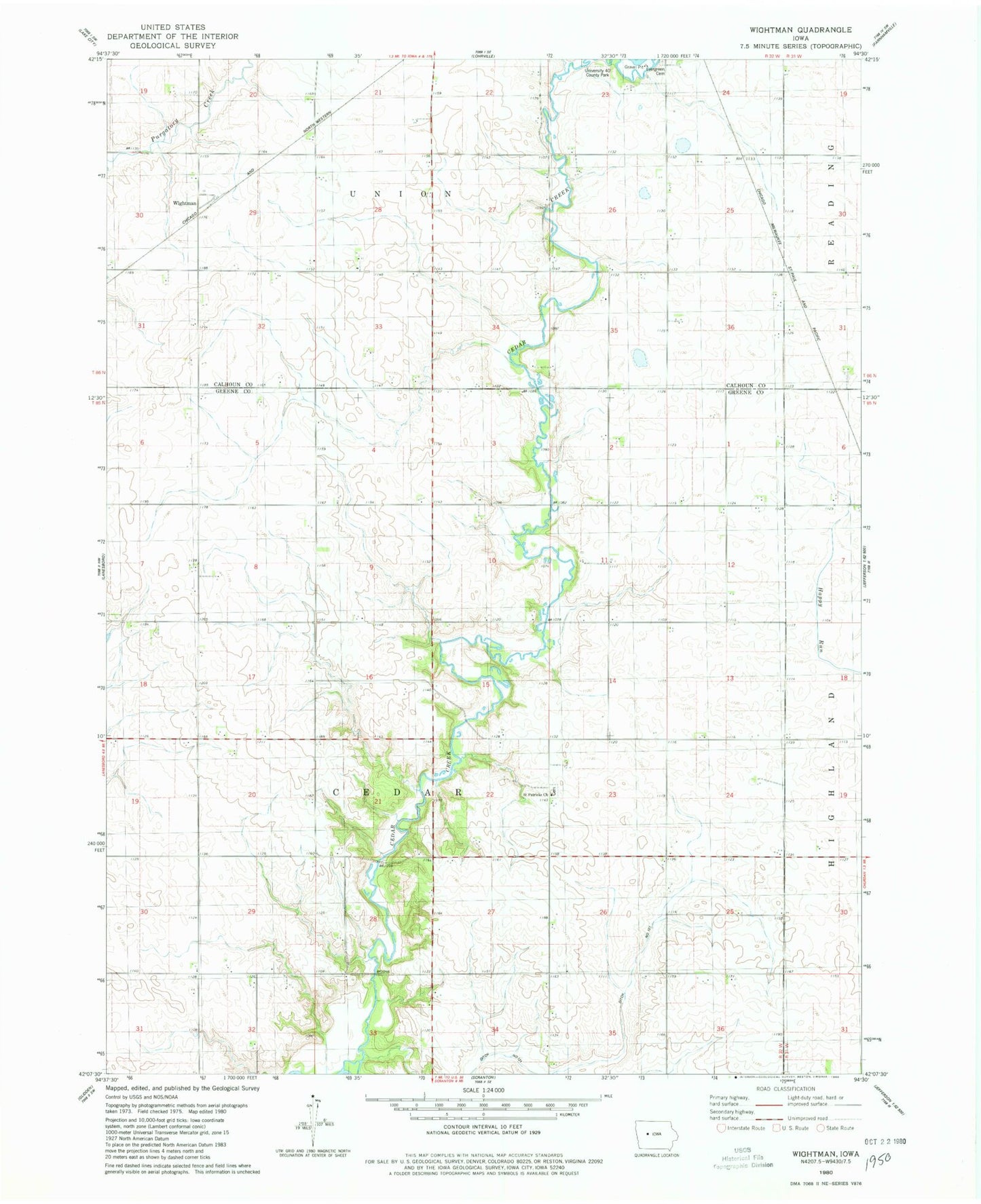 Classic USGS Wightman Iowa 7.5'x7.5' Topo Map Image