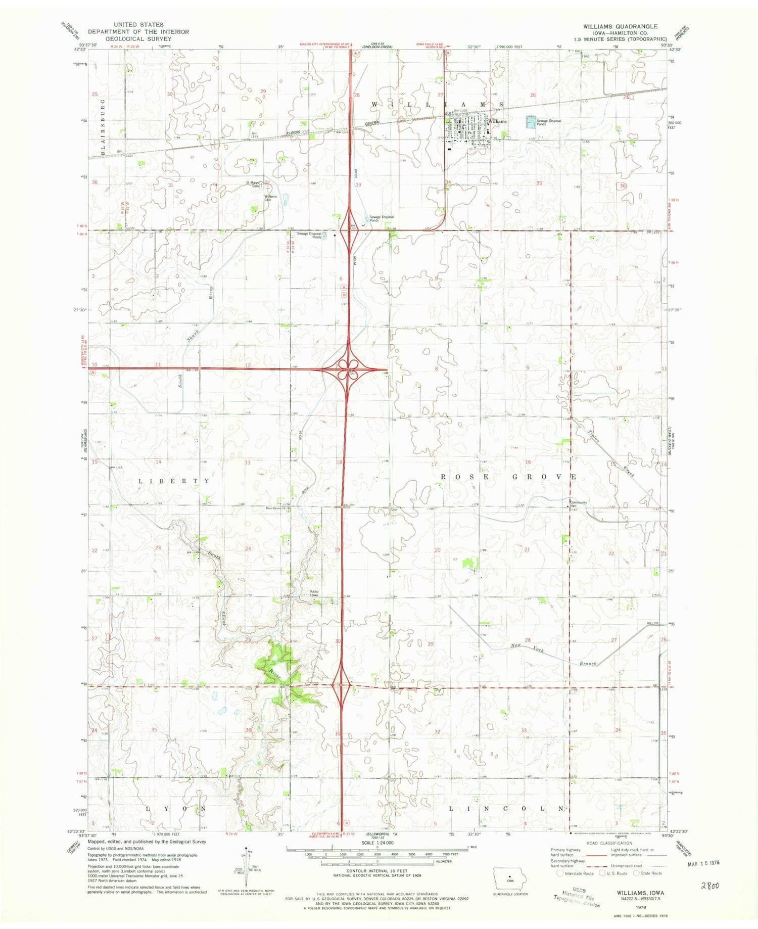 Classic USGS Williams Iowa 7.5'x7.5' Topo Map Image