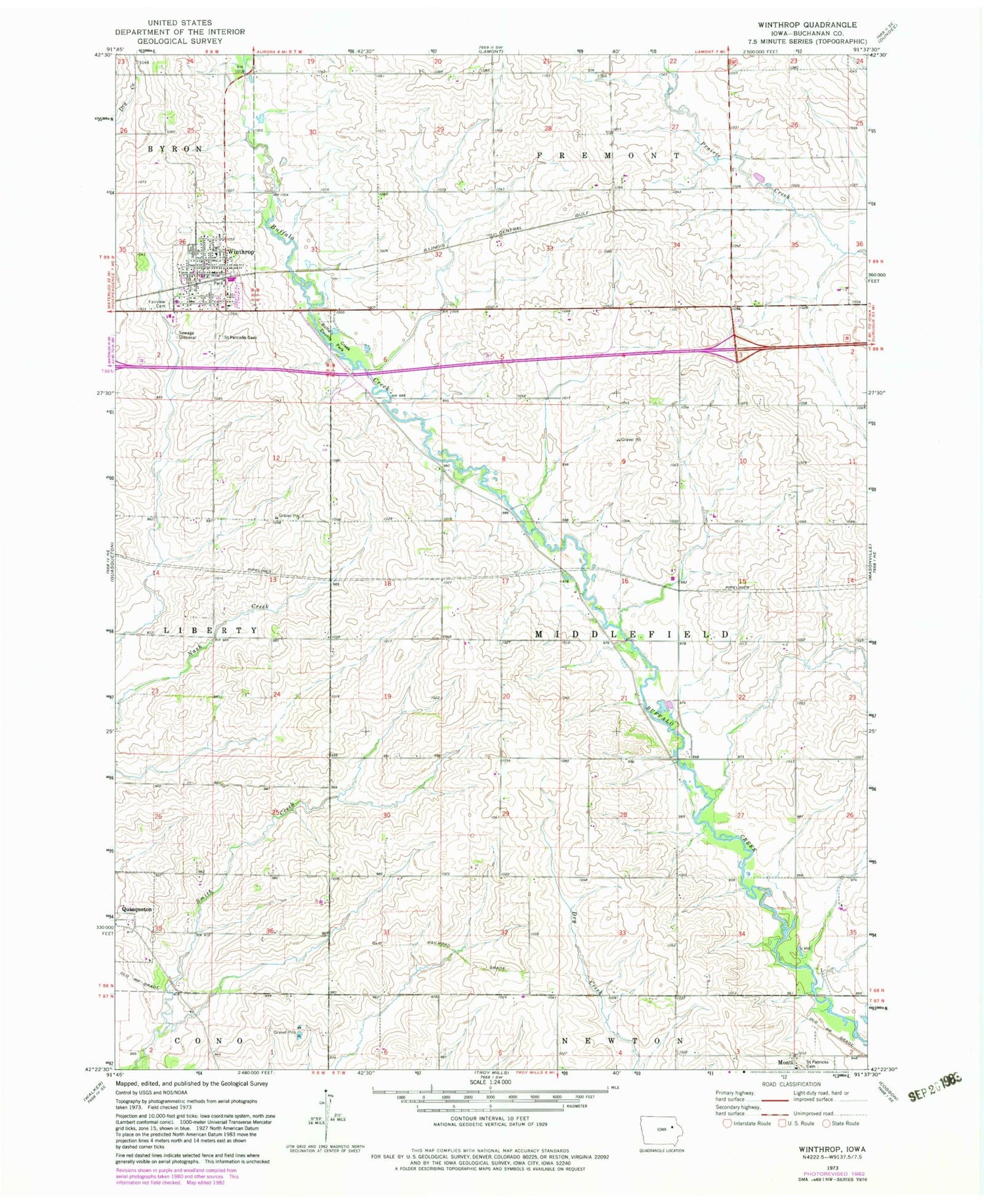 Classic USGS Winthrop Iowa 7.5'x7.5' Topo Map Image
