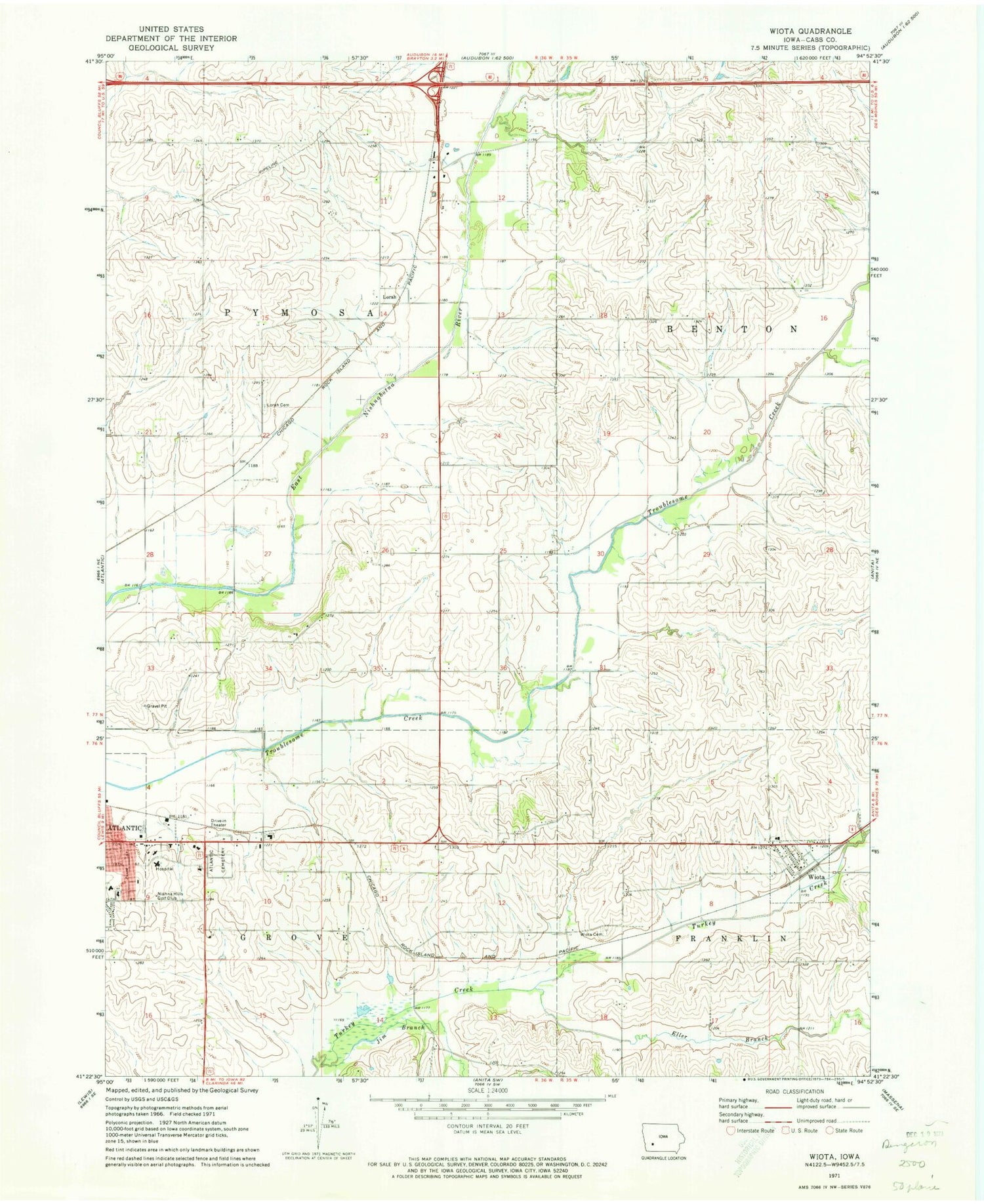 Classic USGS Wiota Iowa 7.5'x7.5' Topo Map Image