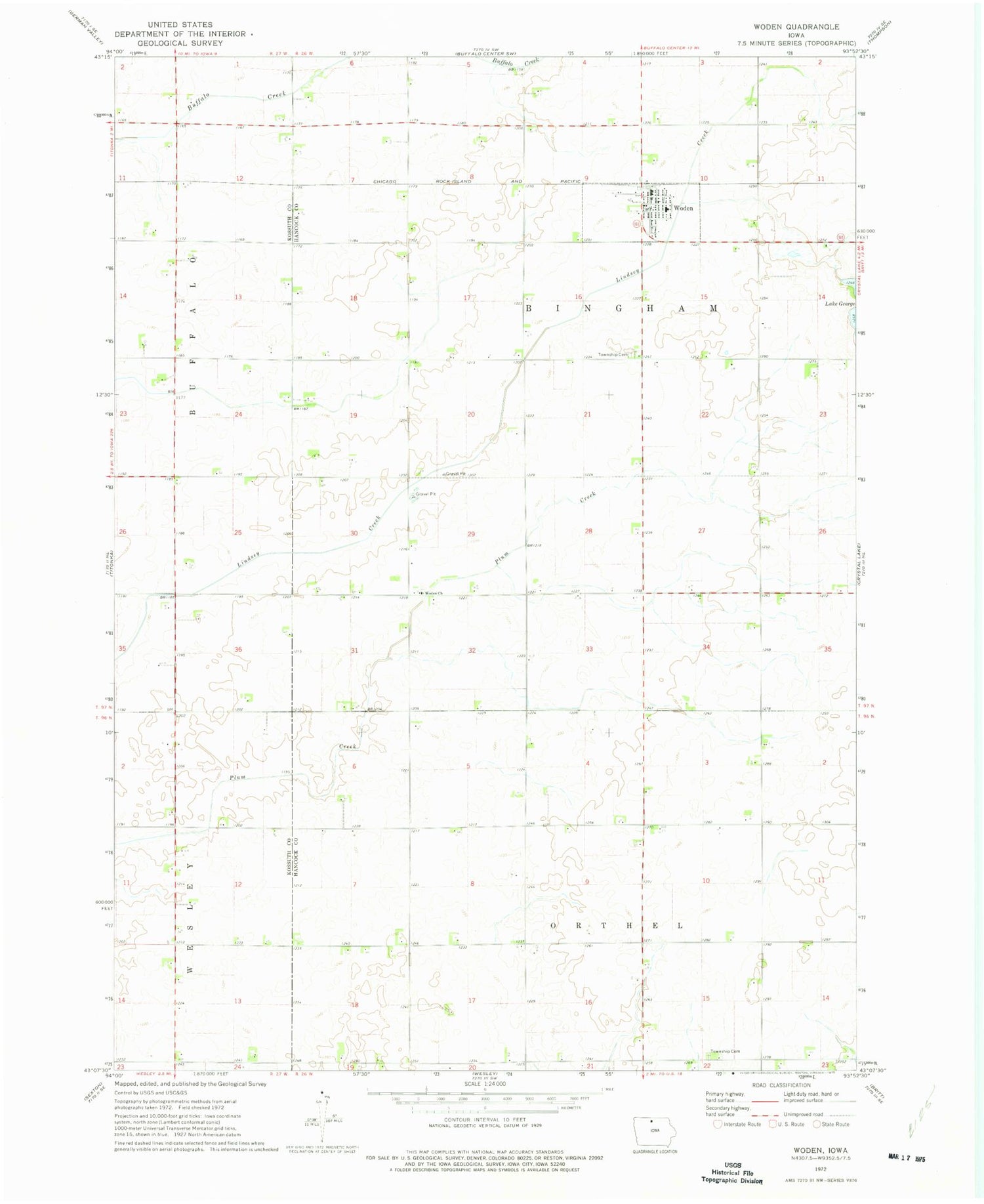 Classic USGS Woden Iowa 7.5'x7.5' Topo Map Image