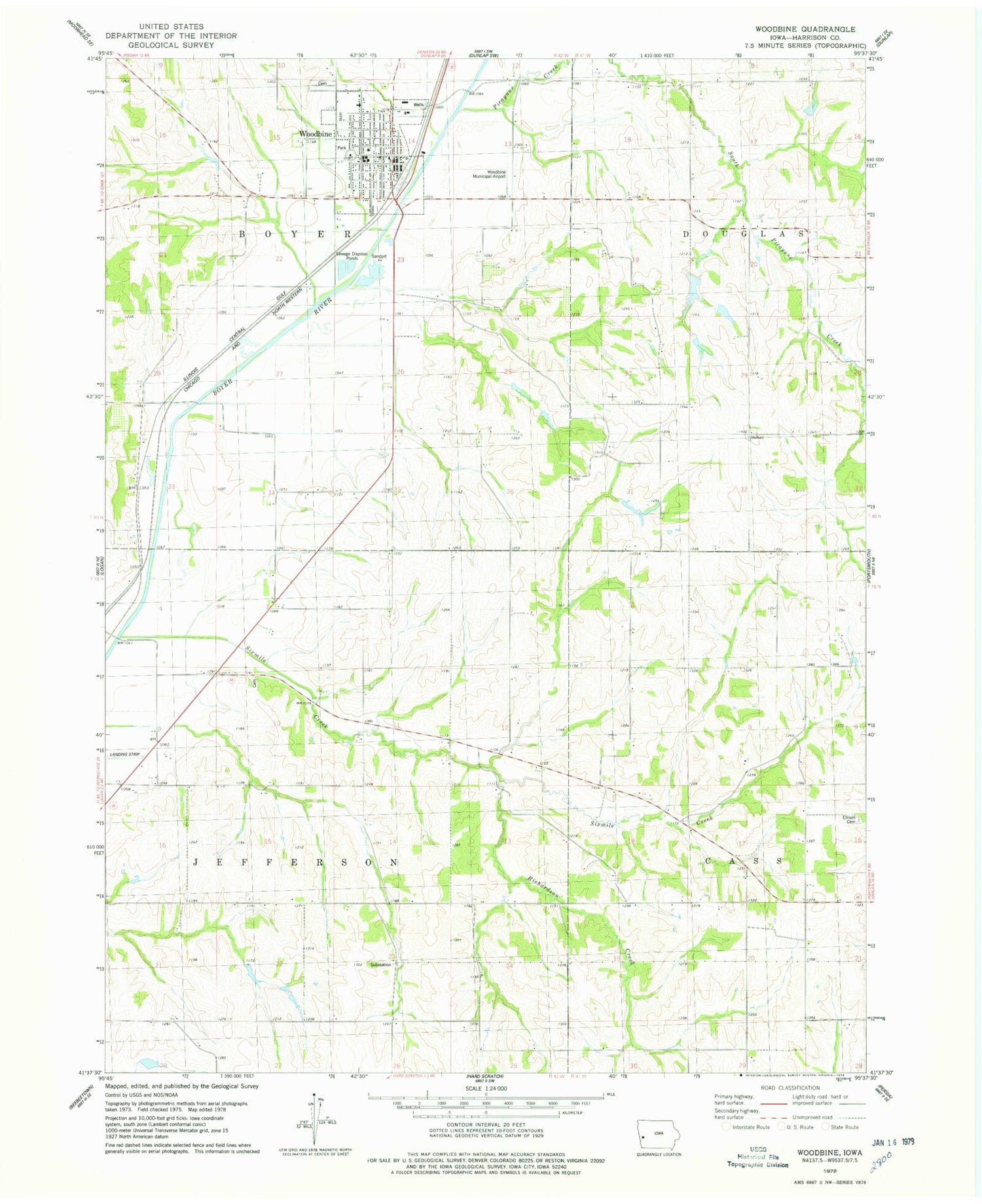 Classic USGS Woodbine Iowa 7.5'x7.5' Topo Map Image