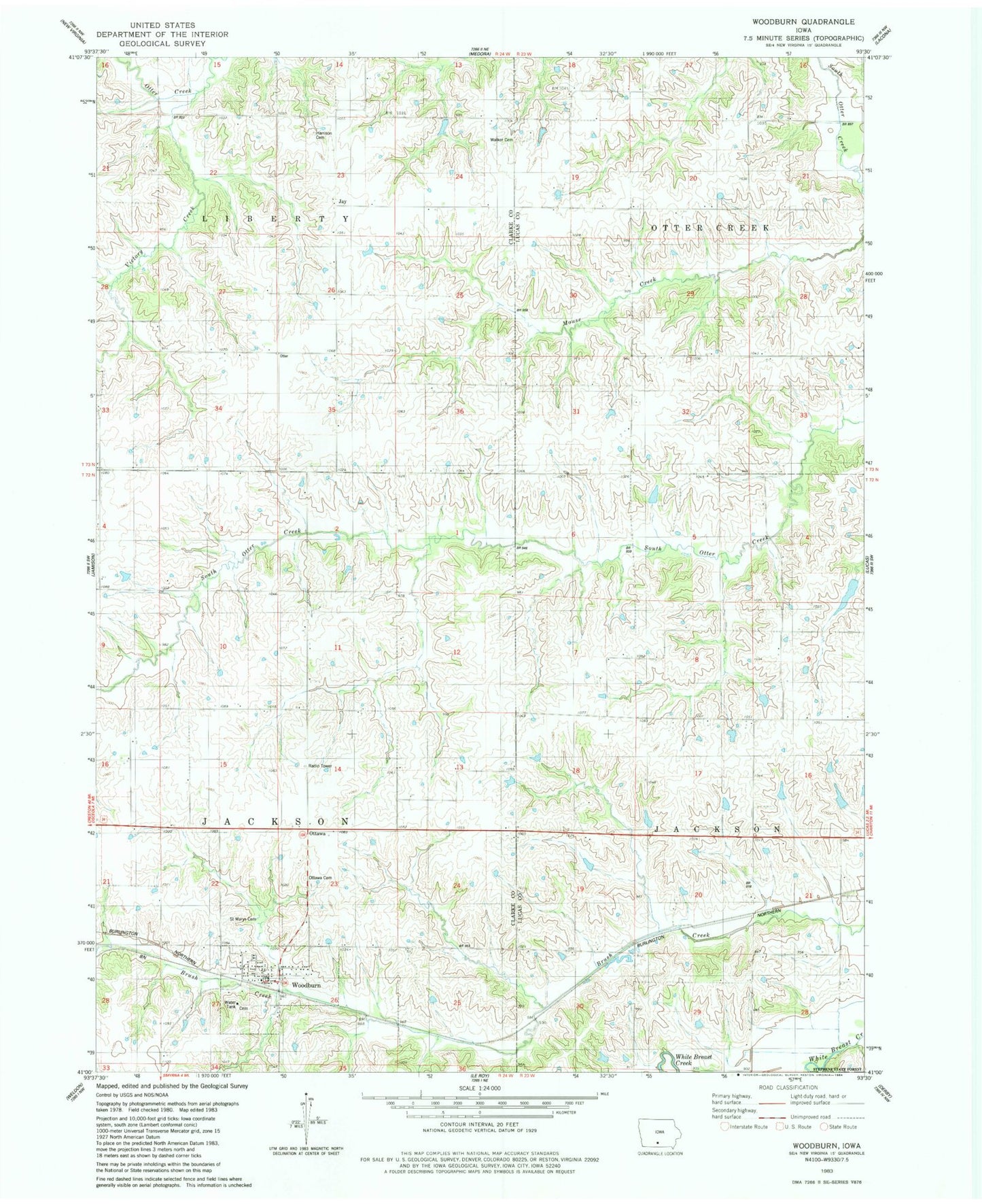Classic USGS Woodburn Iowa 7.5'x7.5' Topo Map Image
