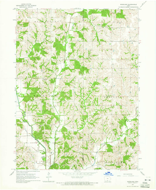 Classic USGS Woodland Iowa 7.5'x7.5' Topo Map Image