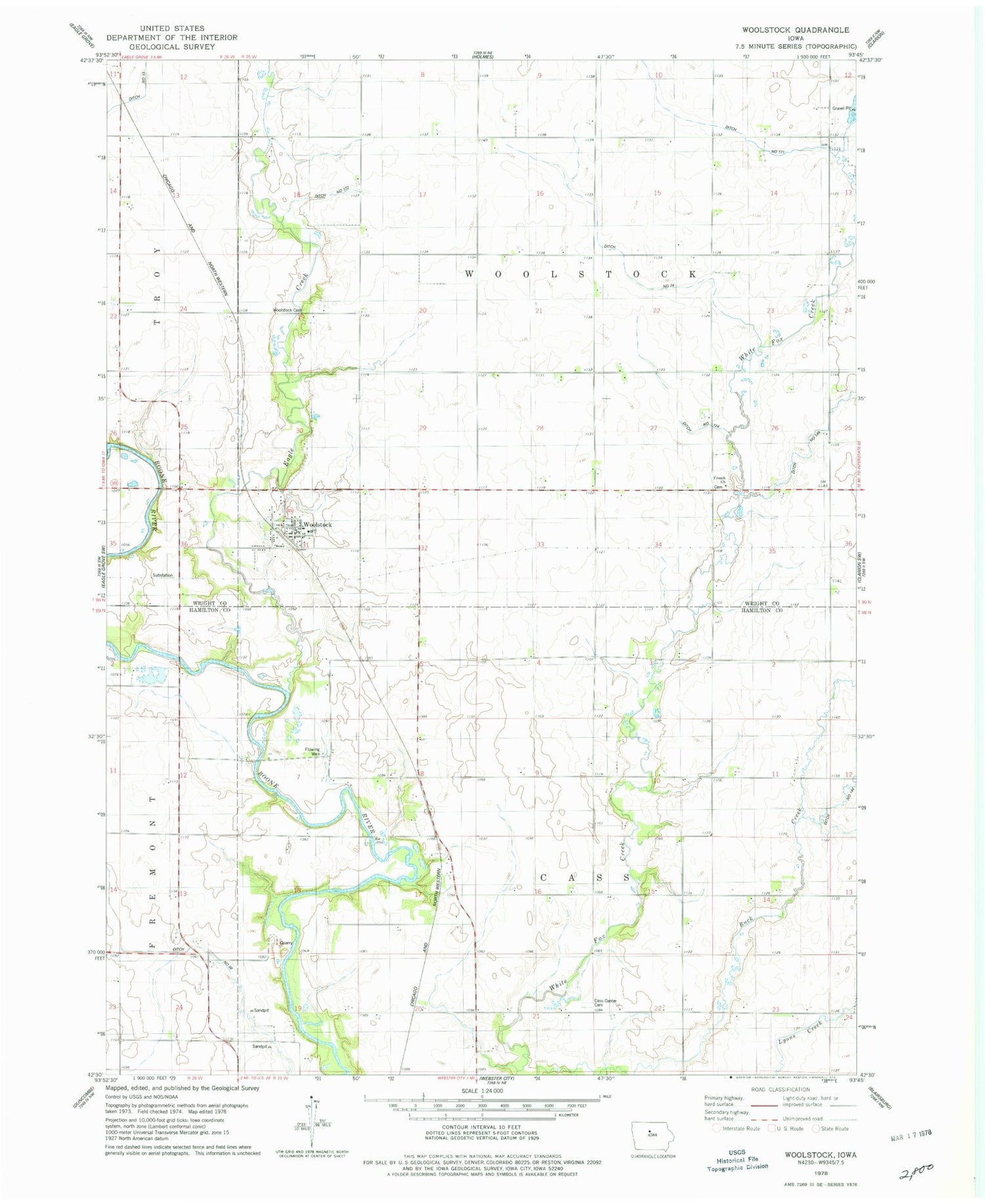 Classic USGS Woolstock Iowa 7.5'x7.5' Topo Map Image