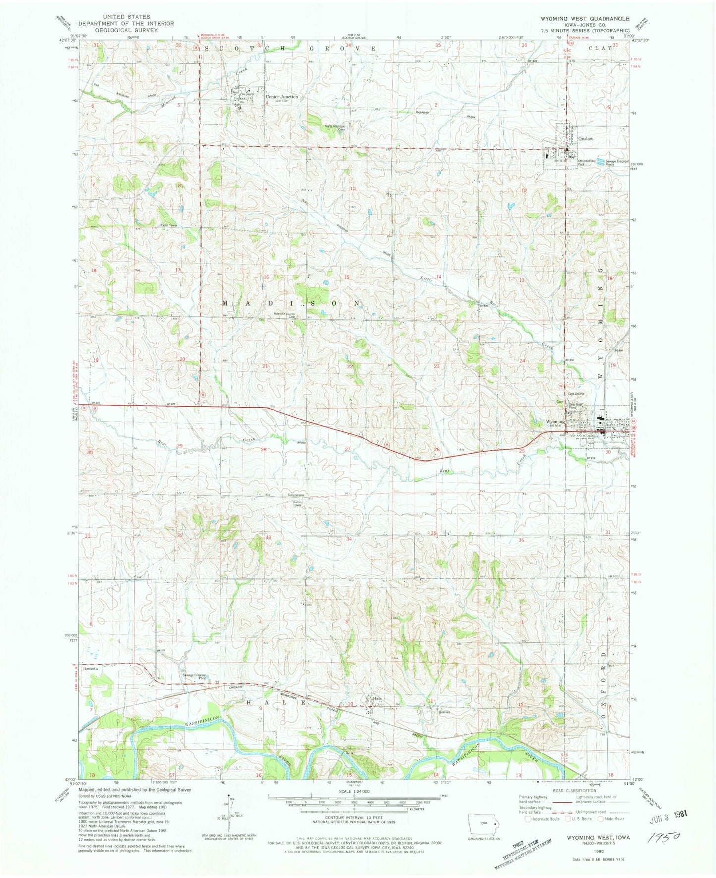 Classic USGS Wyoming West Iowa 7.5'x7.5' Topo Map Image