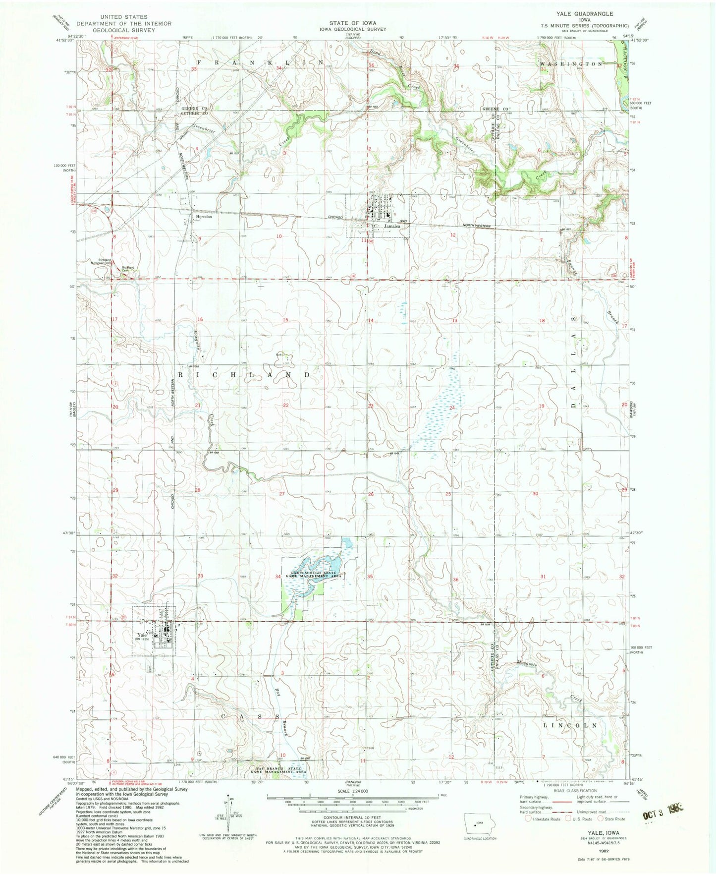 Classic USGS Yale Iowa 7.5'x7.5' Topo Map Image