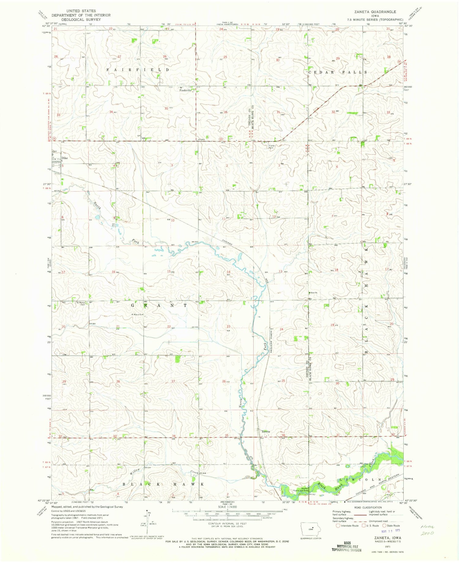 Classic USGS Zaneta Iowa 7.5'x7.5' Topo Map Image