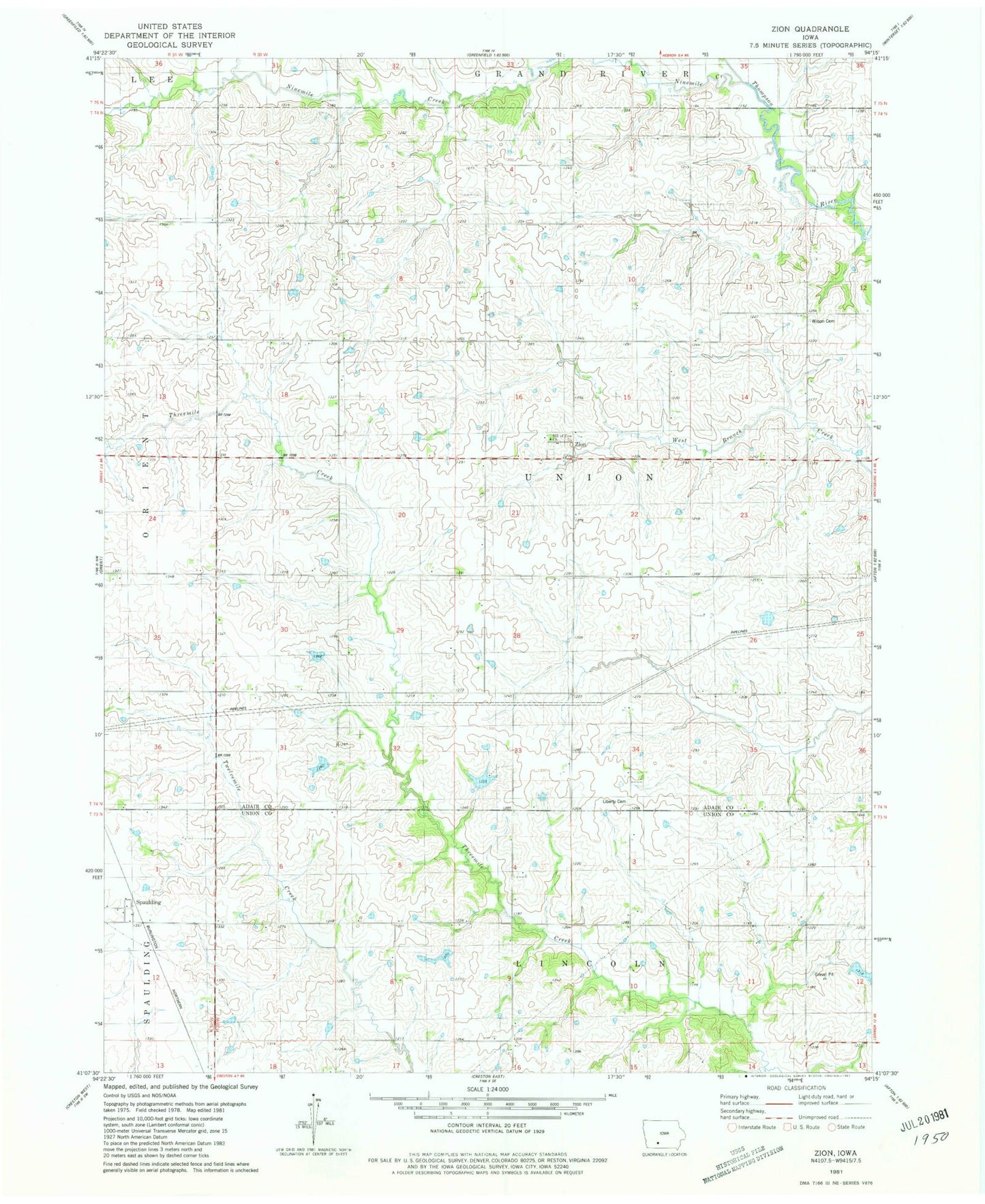 Classic USGS Zion Iowa 7.5'x7.5' Topo Map Image