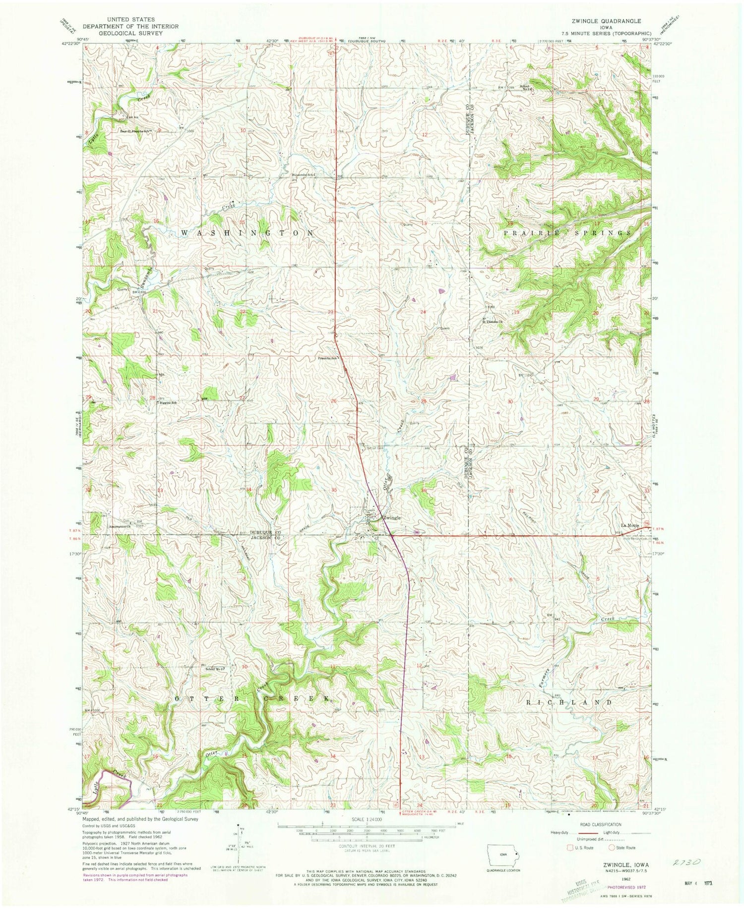 Classic USGS Zwingle Iowa 7.5'x7.5' Topo Map Image