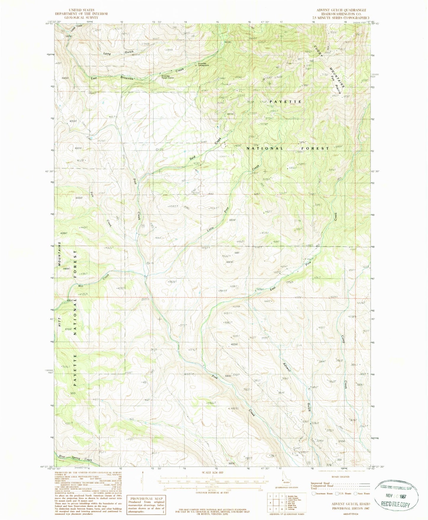 Classic USGS Advent Gulch Idaho 7.5'x7.5' Topo Map Image