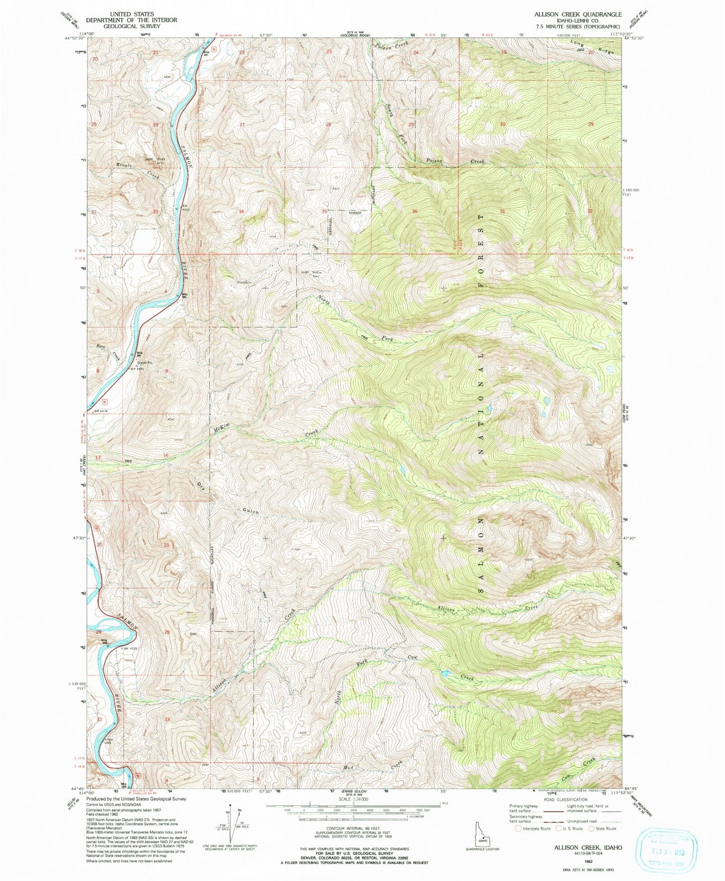 Classic USGS Allison Creek Idaho 7.5'x7.5' Topo Map Image
