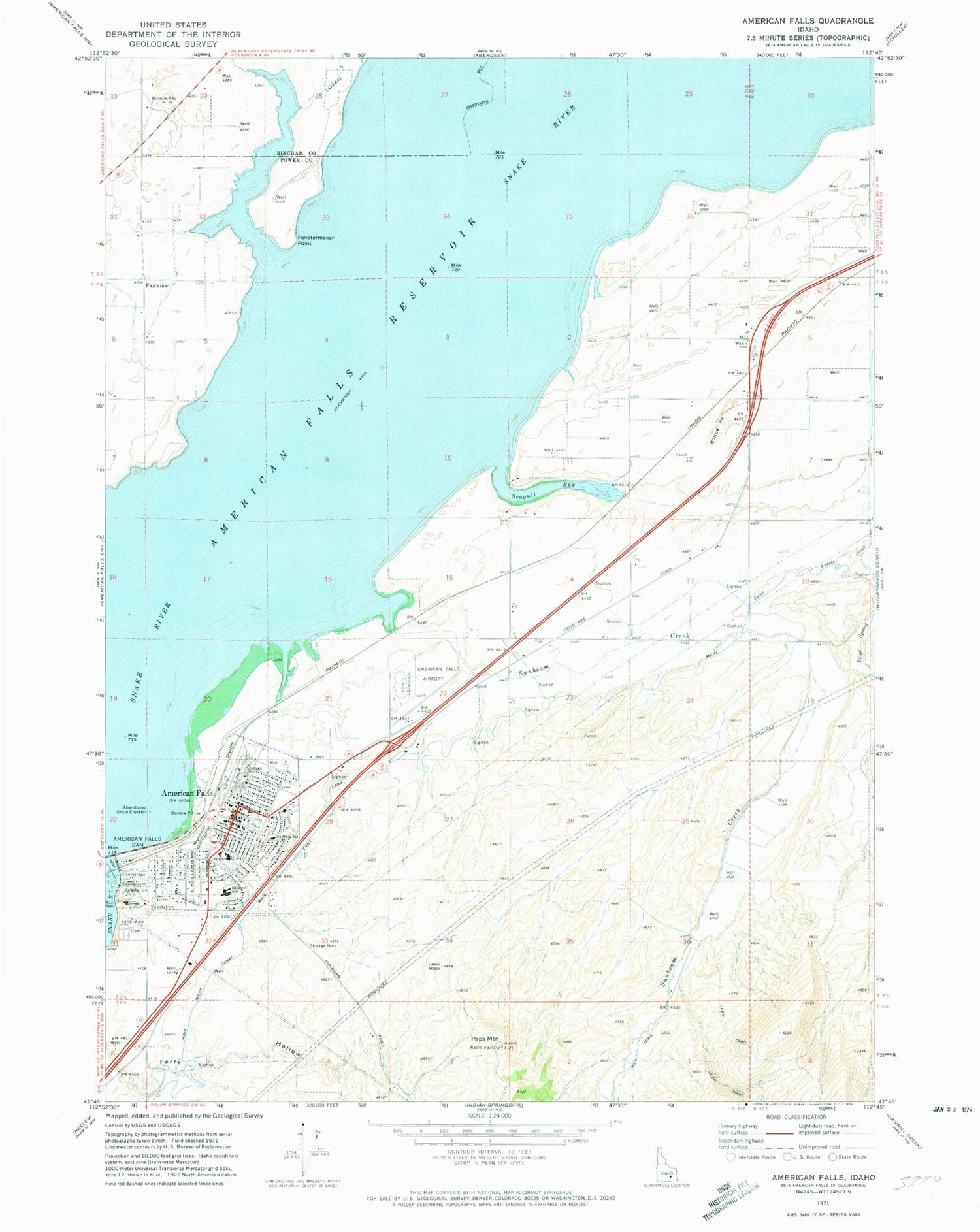 Classic USGS American Falls Idaho 7.5'x7.5' Topo Map Image