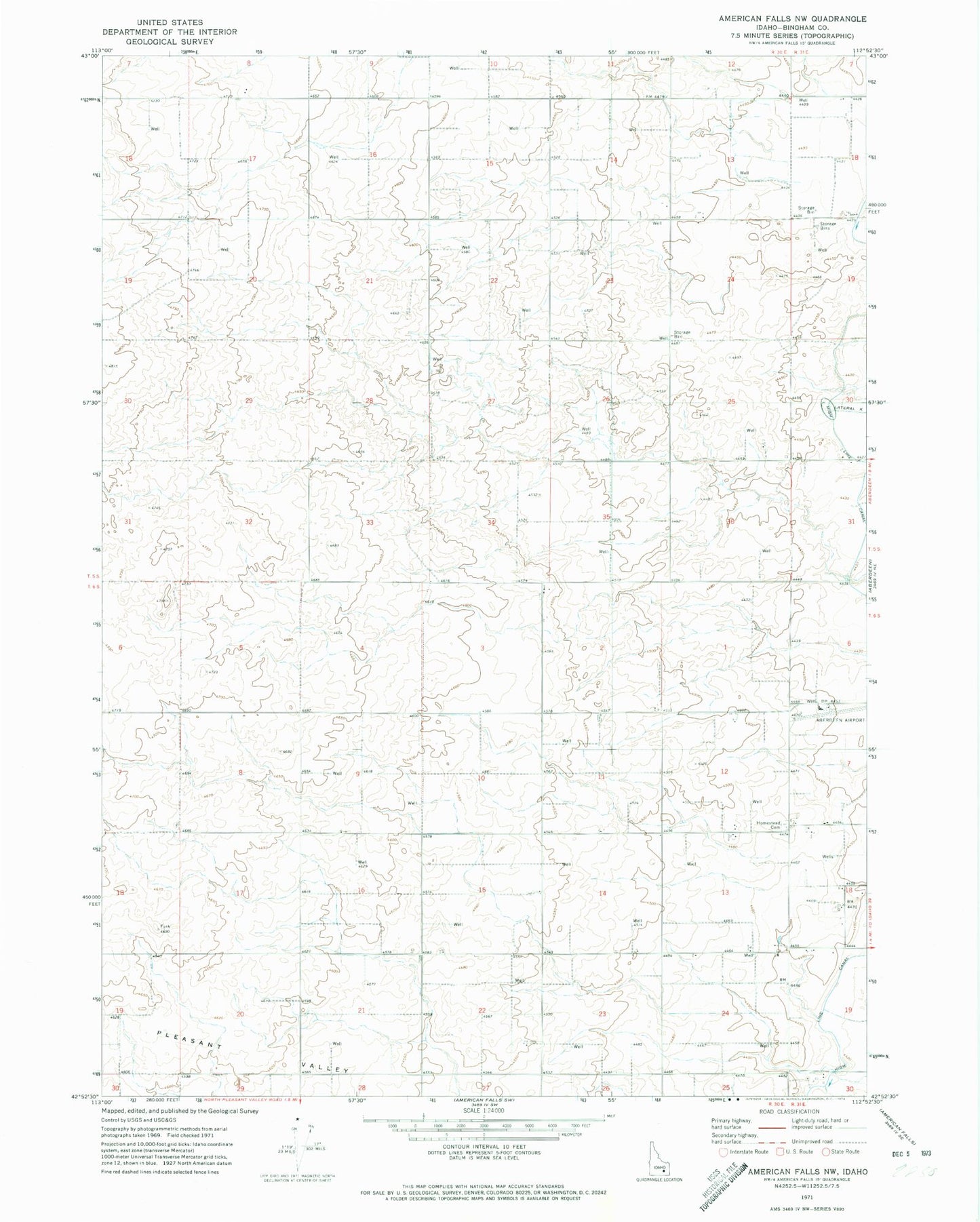 Classic USGS American Falls NW Idaho 7.5'x7.5' Topo Map Image