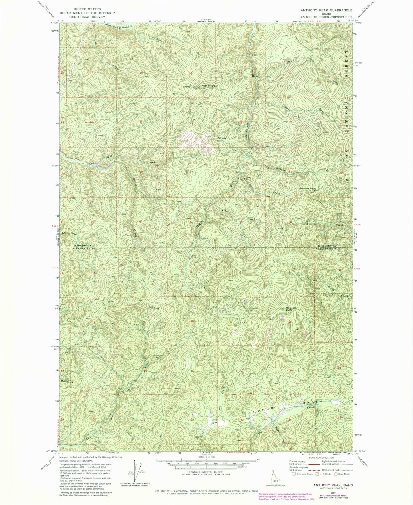 Classic USGS Anthony Peak Idaho 7.5'x7.5' Topo Map Image