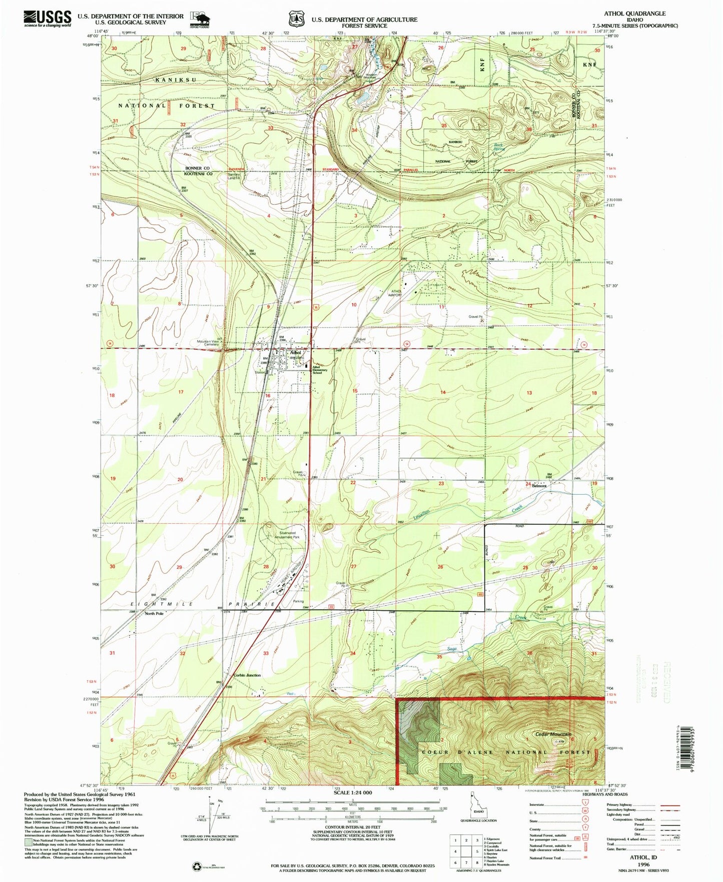 Classic USGS Athol Idaho 7.5'x7.5' Topo Map Image