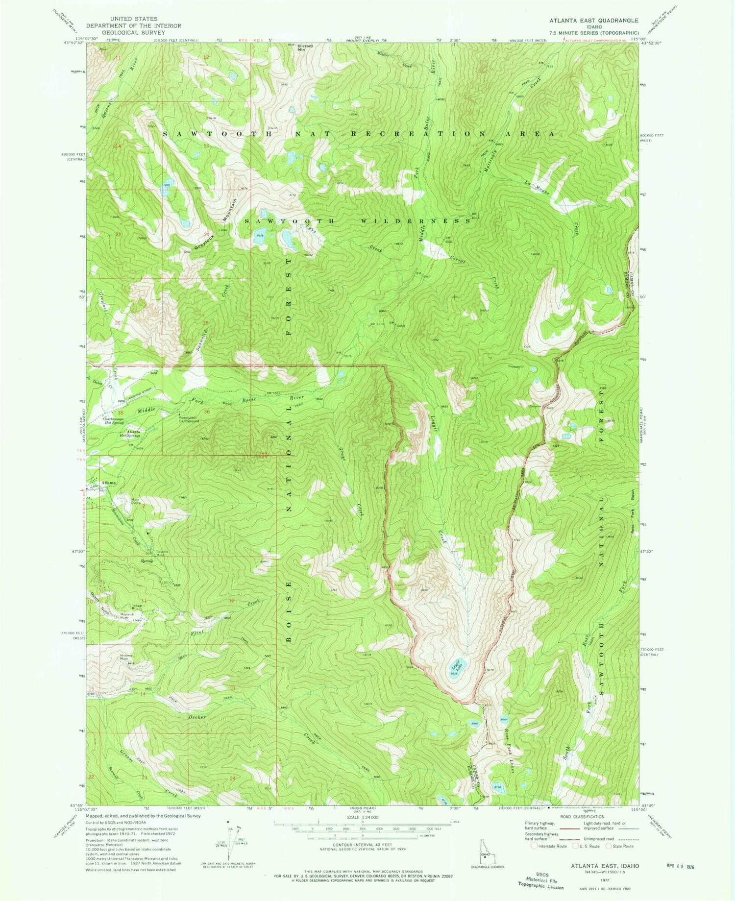 Classic USGS Atlanta East Idaho 7.5'x7.5' Topo Map Image