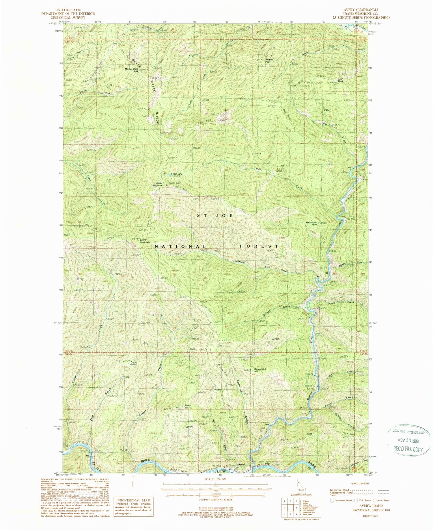 Classic USGS Avery Idaho 7.5'x7.5' Topo Map Image