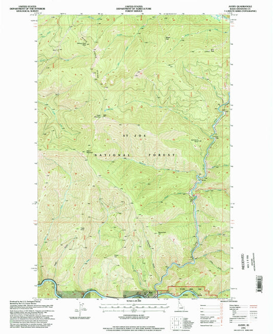 Classic USGS Avery Idaho 7.5'x7.5' Topo Map Image