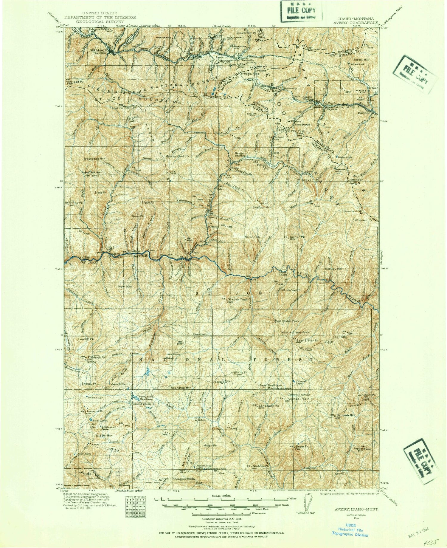 Historic 1914 Avery Idaho 30'x30' Topo Map Image