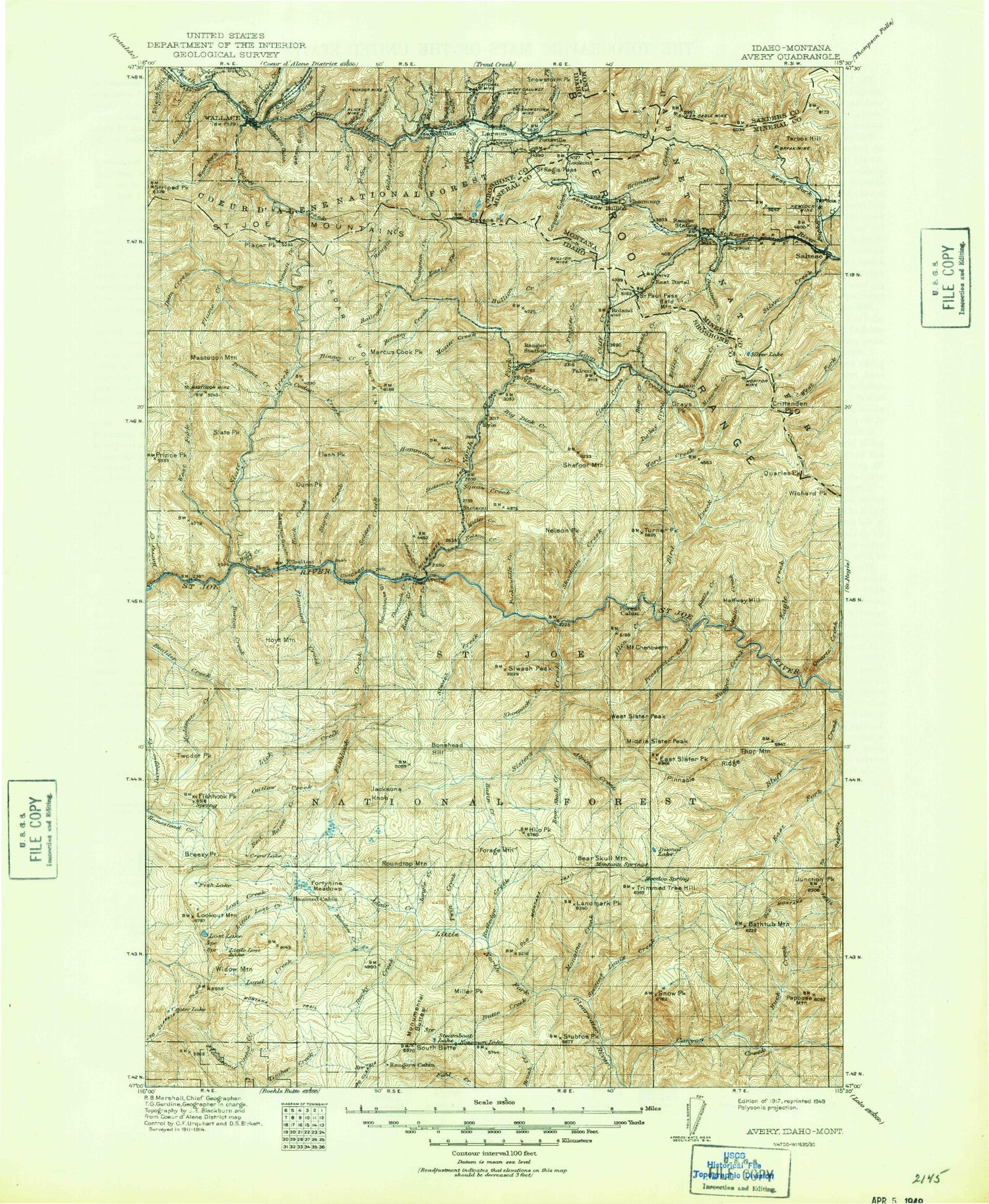 Historic 1917 Avery Idaho 30'x30' Topo Map Image