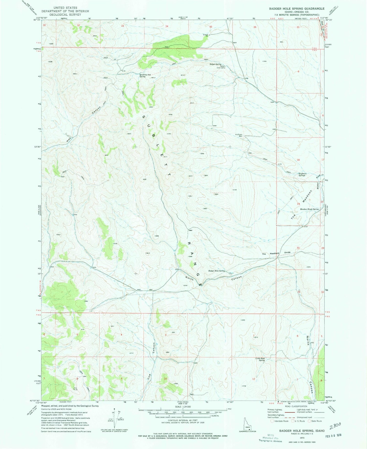 Classic USGS Badger Hole Spring Idaho 7.5'x7.5' Topo Map Image