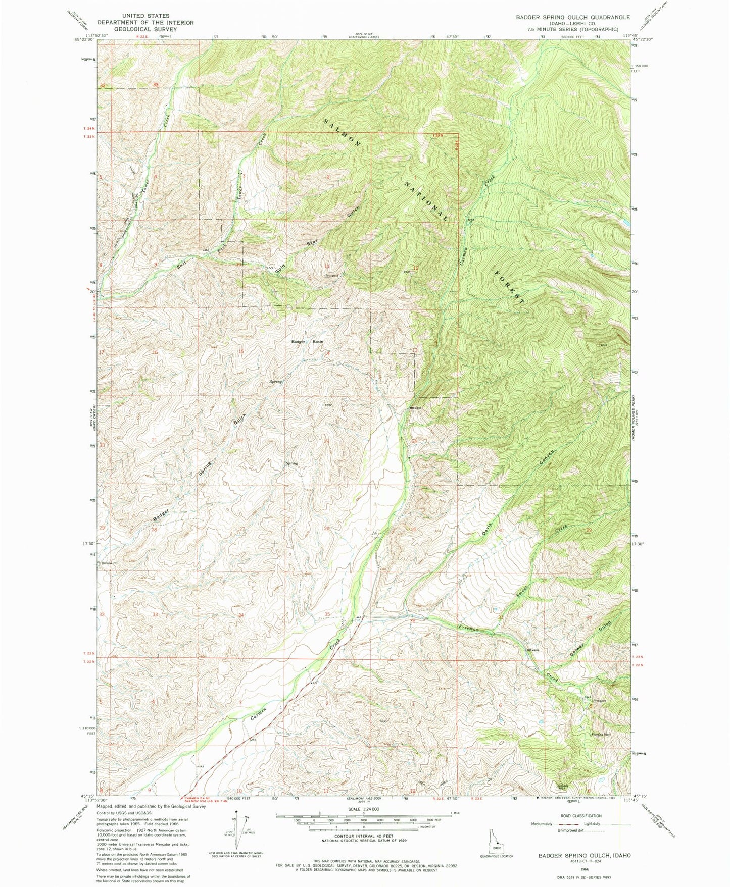 Classic USGS Badger Spring Gulch Idaho 7.5'x7.5' Topo Map Image