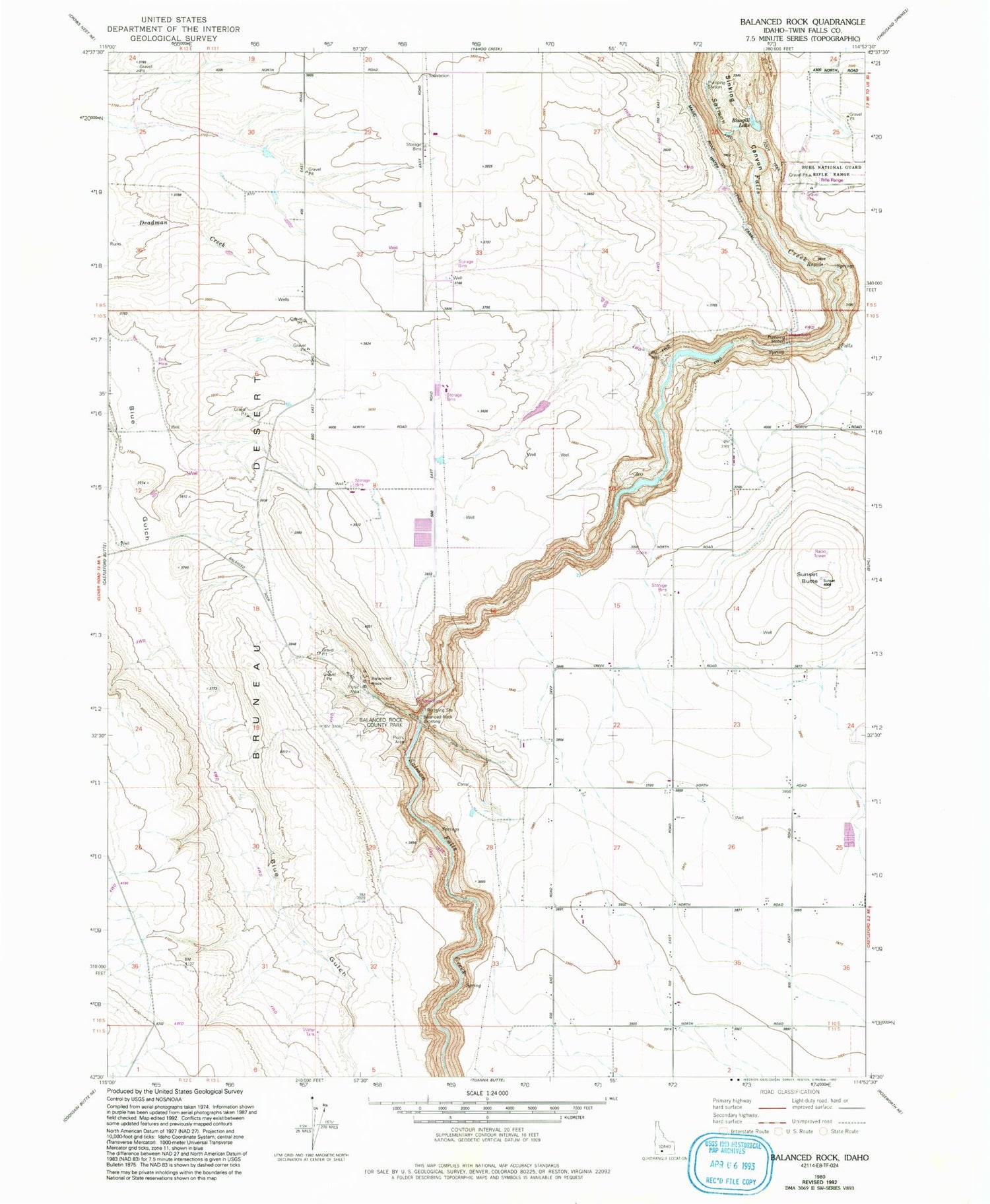 Classic USGS Balanced Rock Idaho 7.5'x7.5' Topo Map Image
