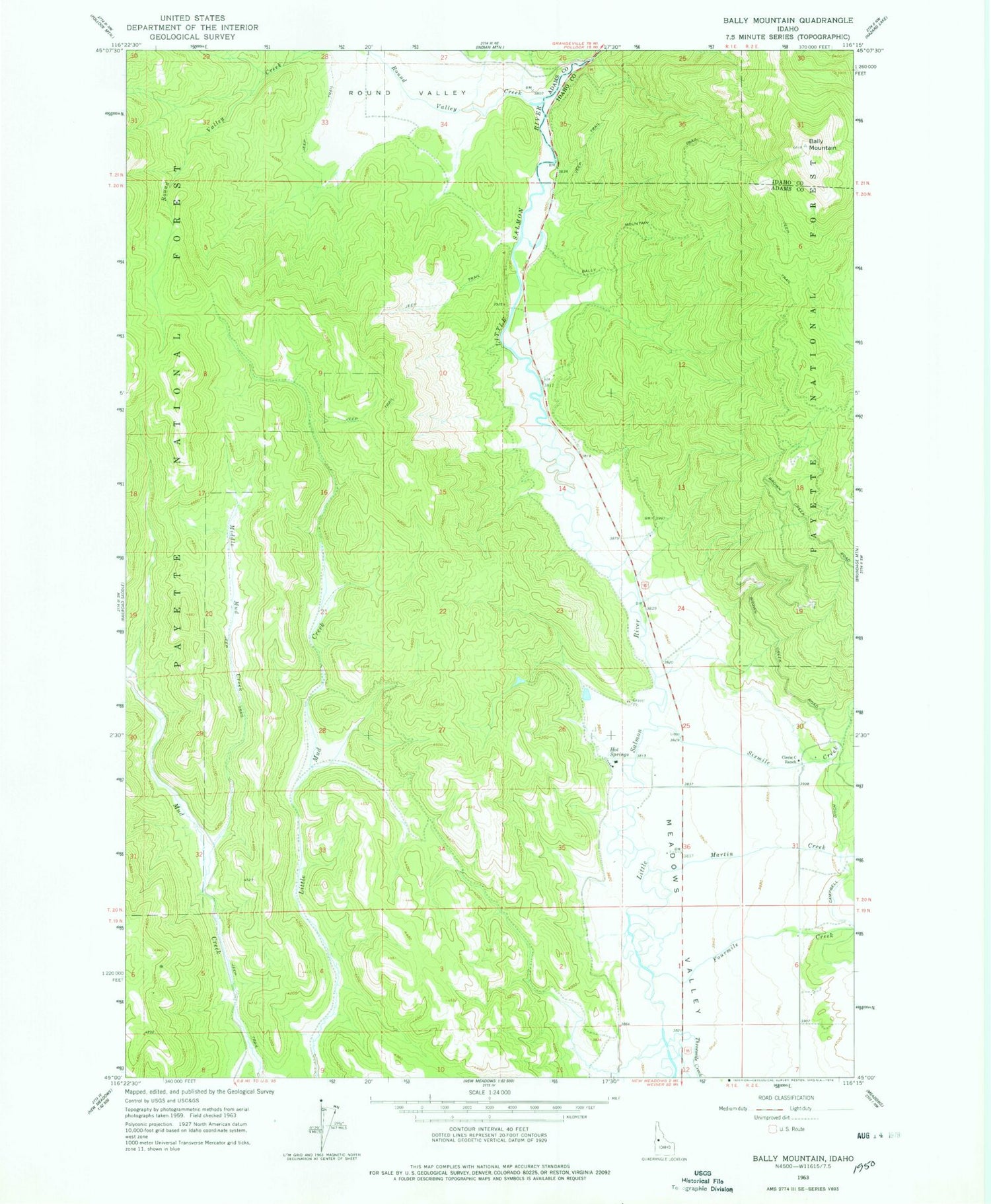 Classic USGS Bally Mountain Idaho 7.5'x7.5' Topo Map Image