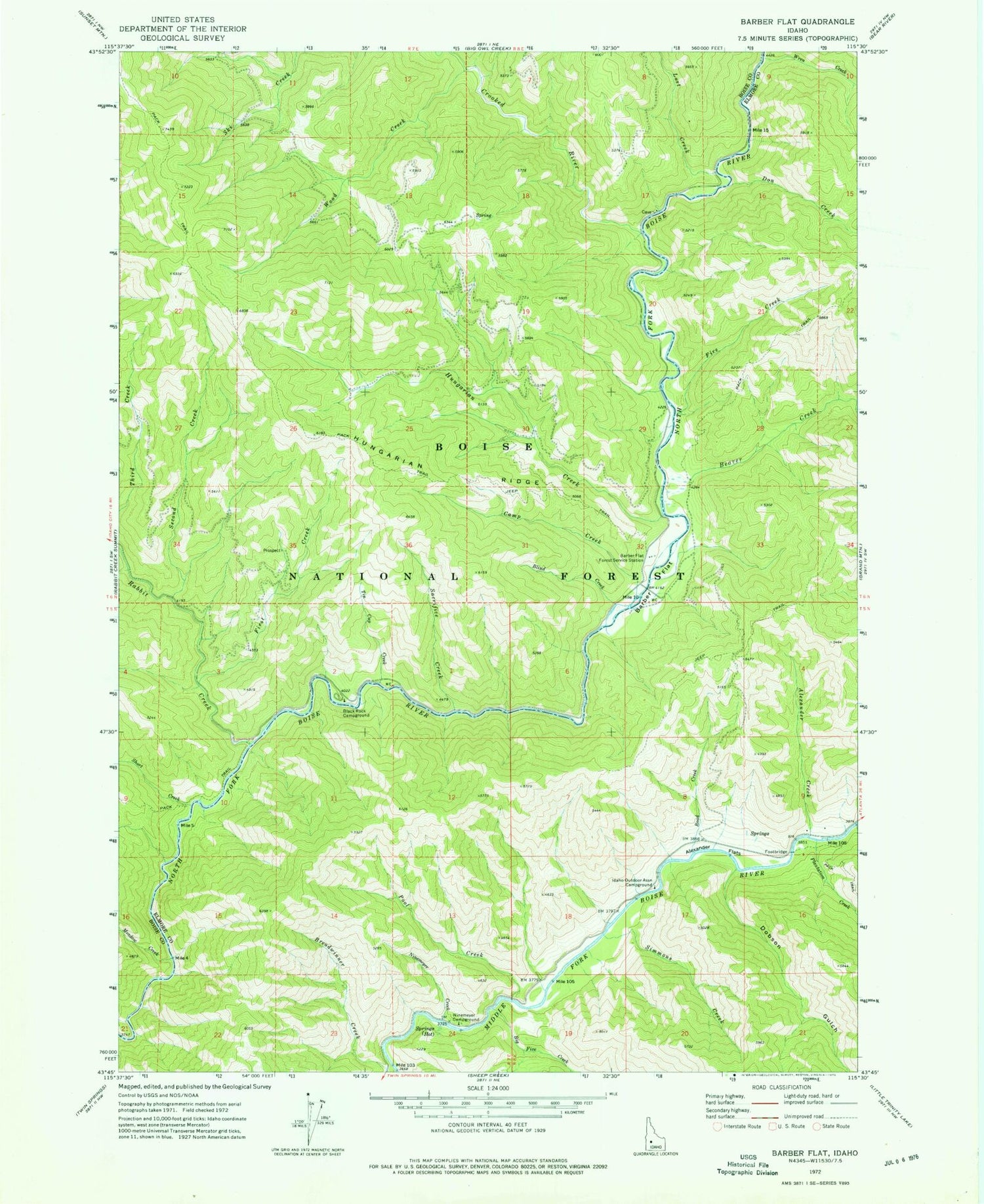 Classic USGS Barber Flat Idaho 7.5'x7.5' Topo Map Image