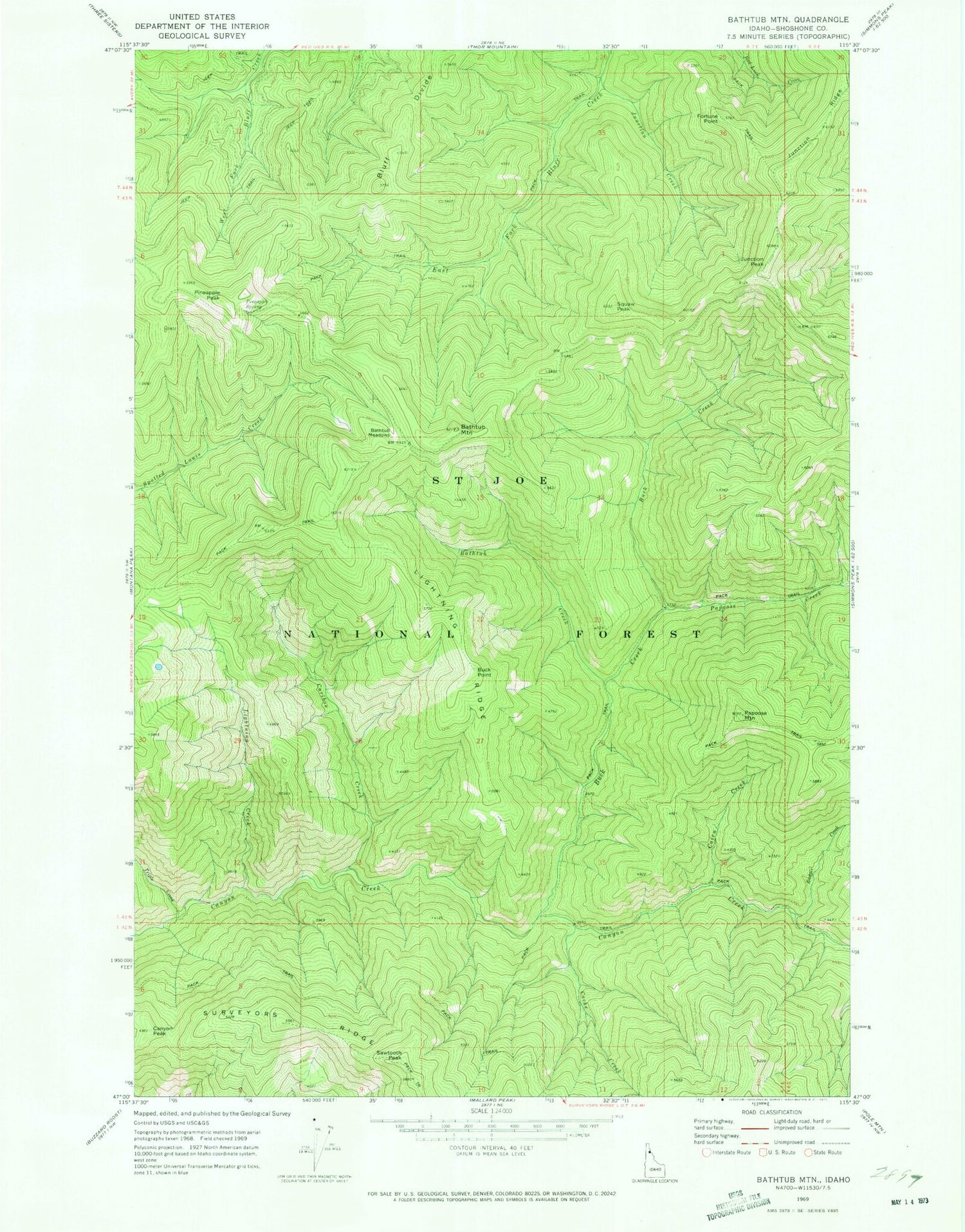 Classic USGS Bathtub Mountain Idaho 7.5'x7.5' Topo Map Image