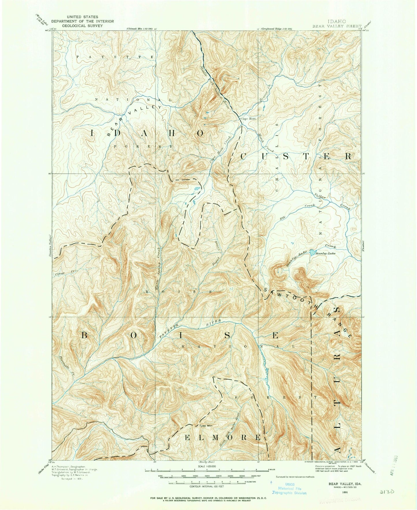 Historic 1891 Bear Valley Idaho 30'x30' Topo Map Image