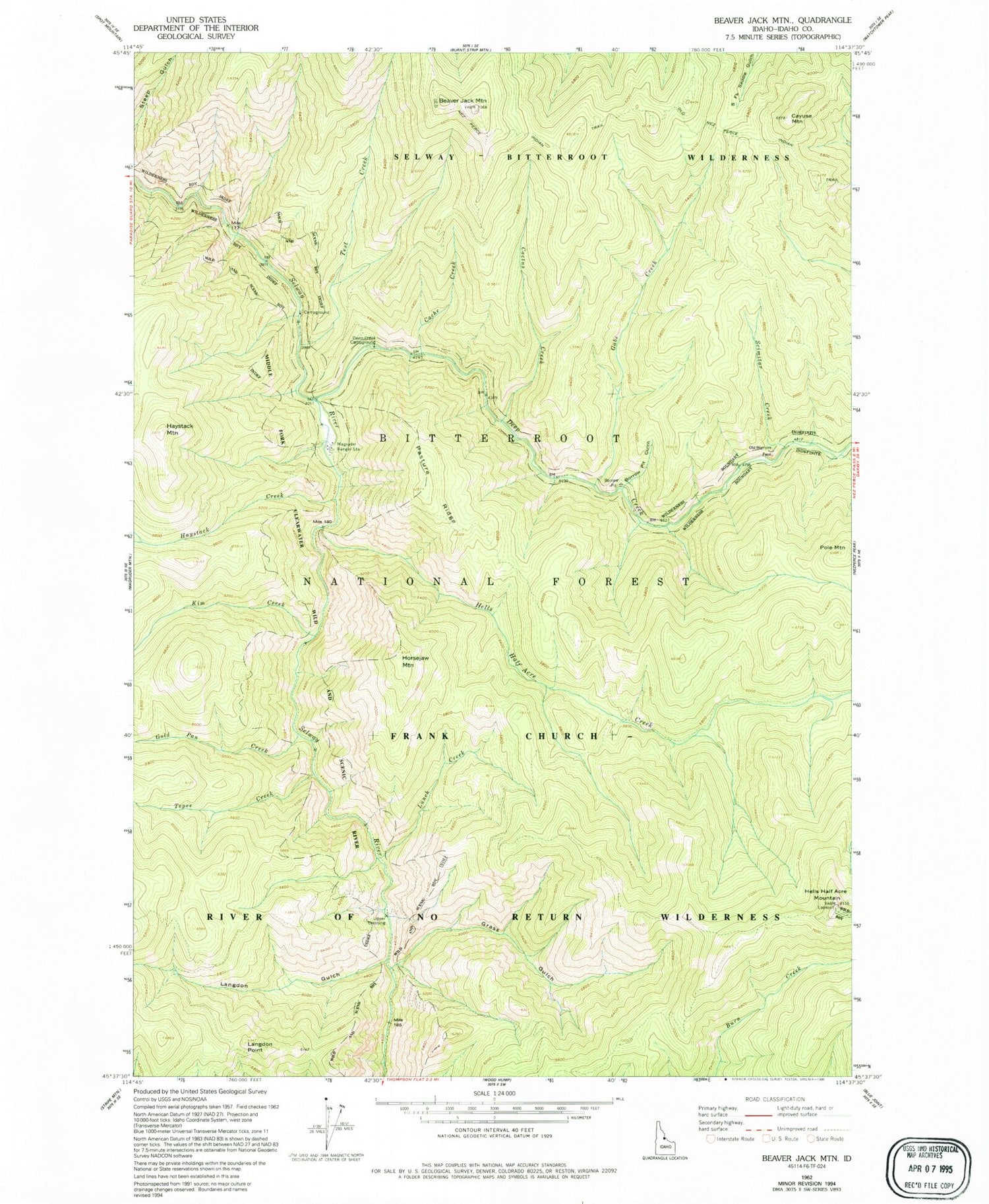 Classic USGS Beaver Jack Mountain Idaho 7.5'x7.5' Topo Map Image