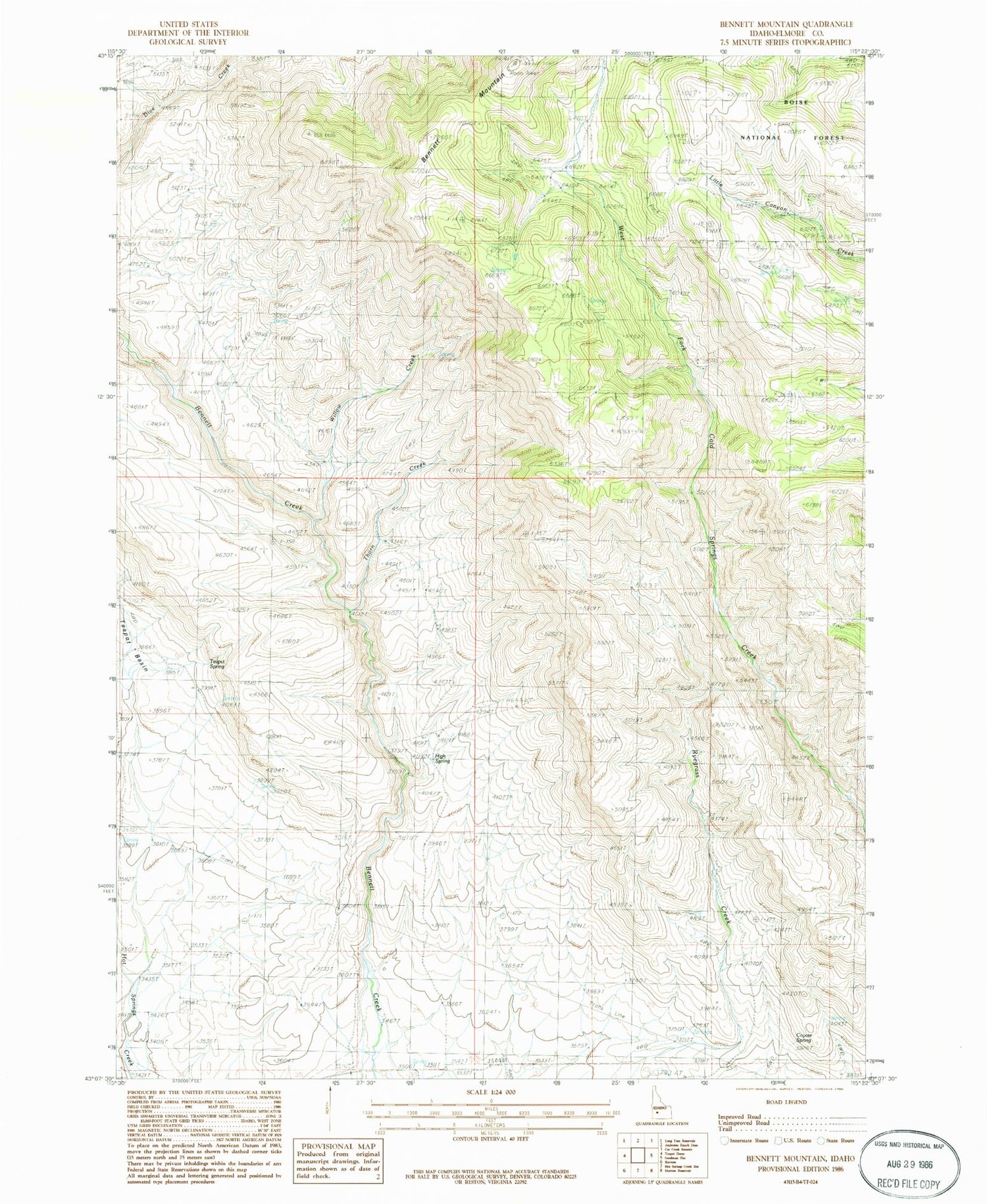 Classic USGS Bennett Mountain Idaho 7.5'x7.5' Topo Map Image