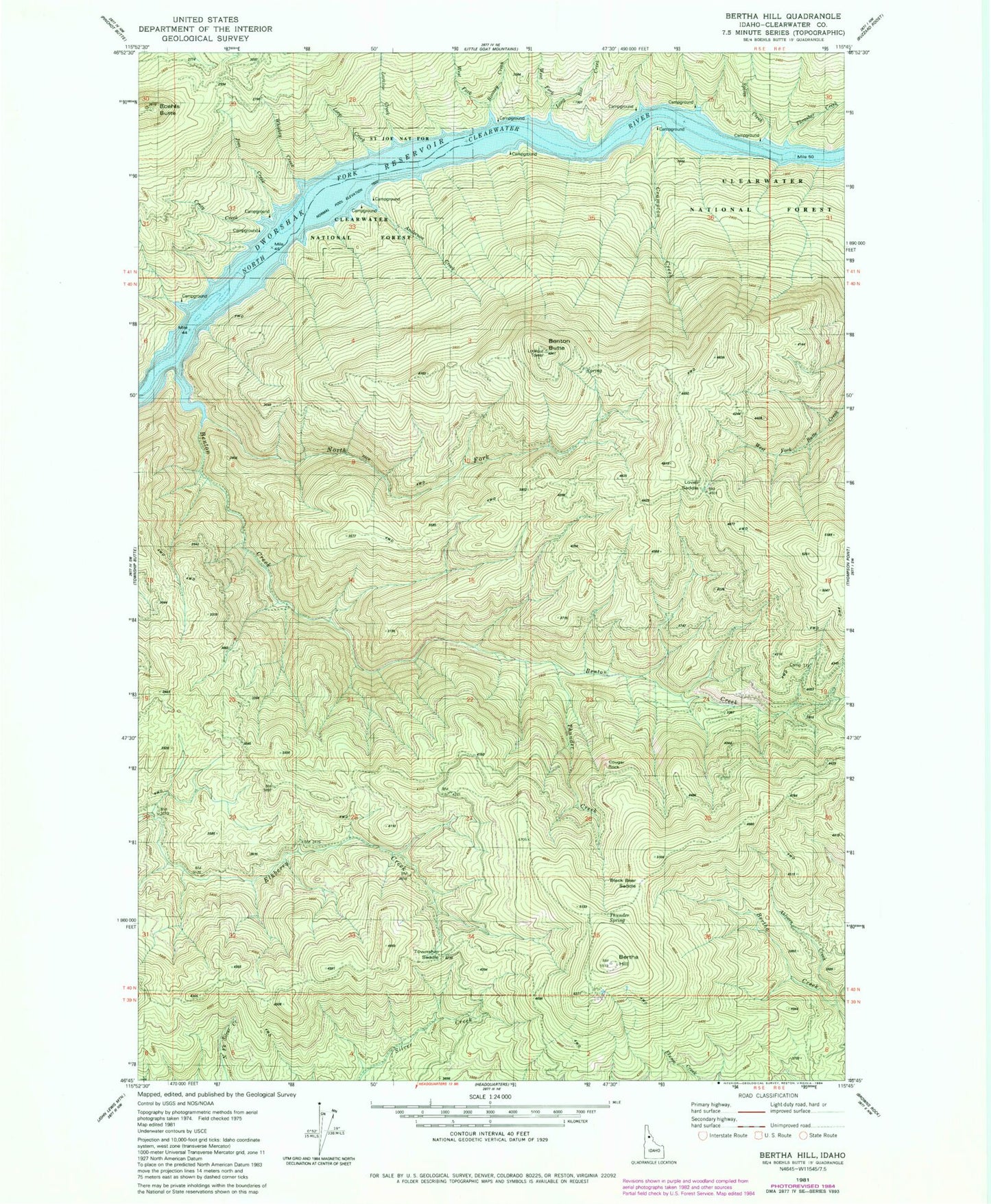 Classic USGS Bertha Hill Idaho 7.5'x7.5' Topo Map Image