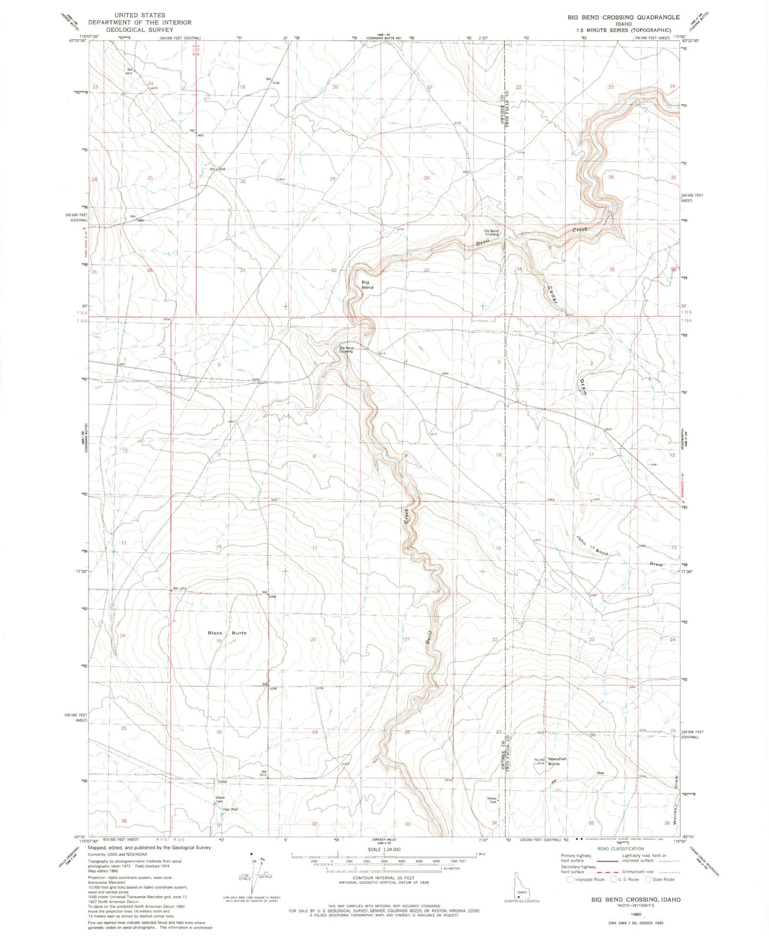 Classic USGS Big Bend Crossing Idaho 7.5'x7.5' Topo Map Image