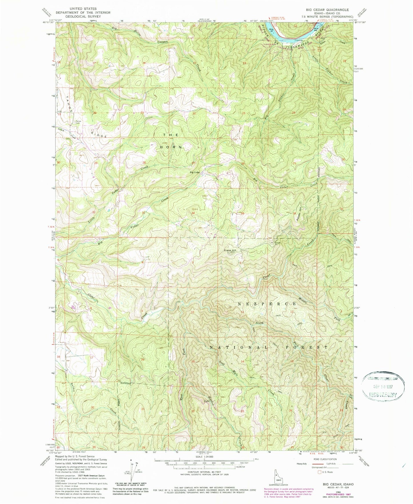 Classic USGS Big Cedar Idaho 7.5'x7.5' Topo Map Image