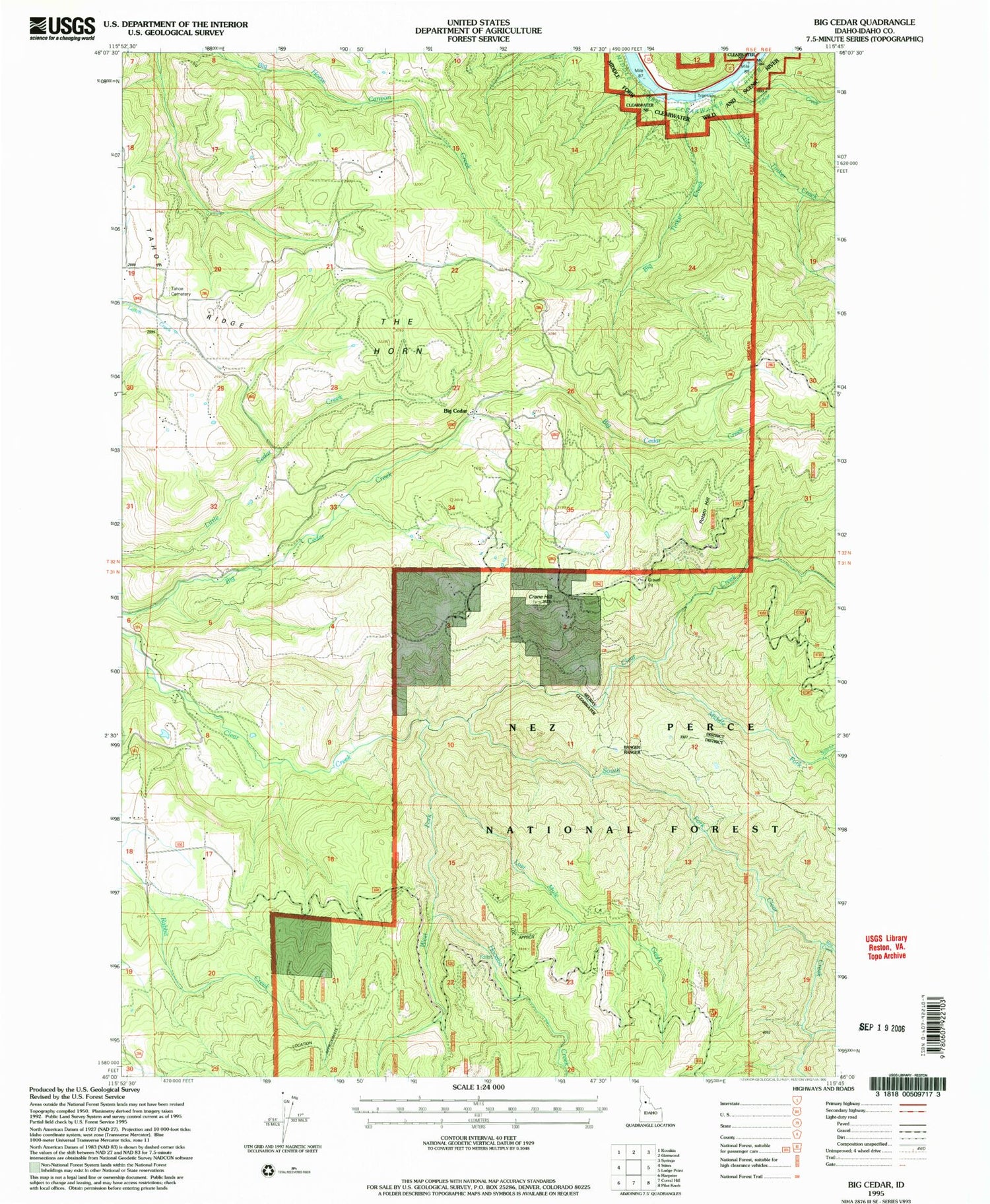Classic USGS Big Cedar Idaho 7.5'x7.5' Topo Map Image