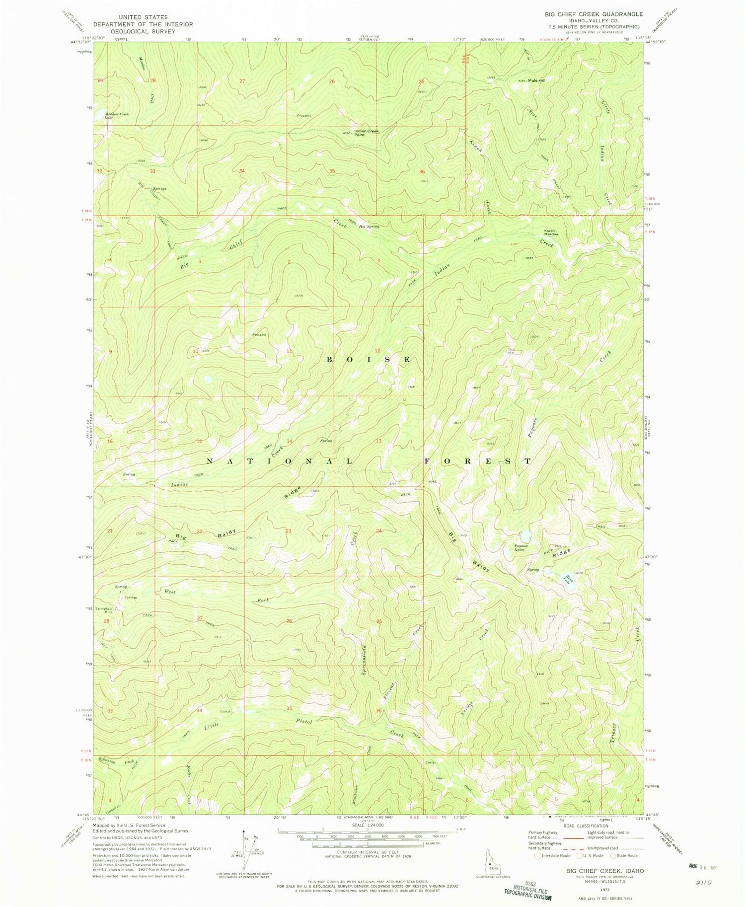 Classic USGS Big Chief Creek Idaho 7.5'x7.5' Topo Map Image